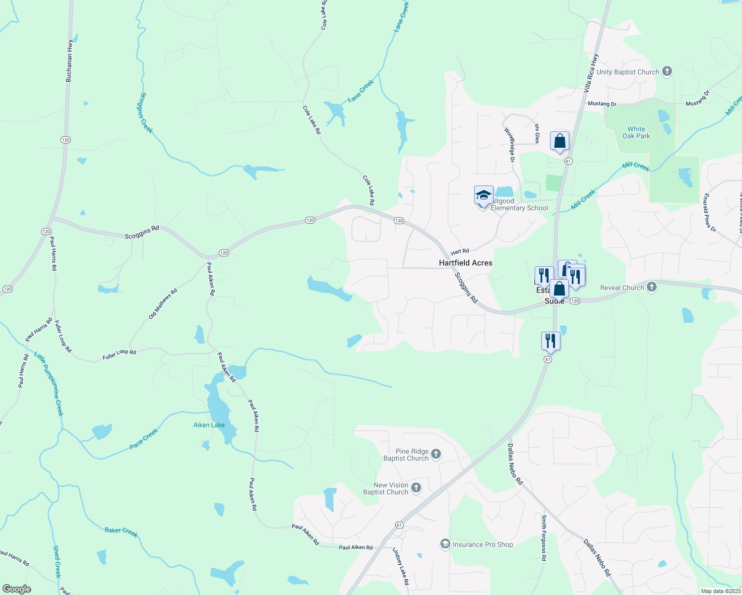map of restaurants, bars, coffee shops, grocery stores, and more near 94 Paces Overlook Trace in Dallas