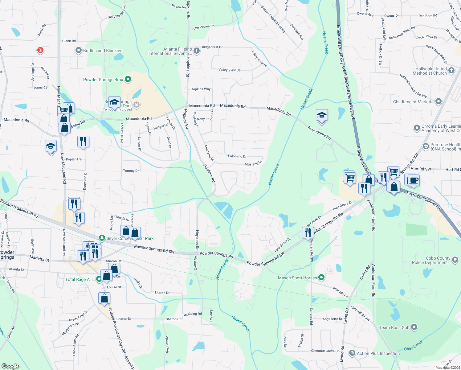 map of restaurants, bars, coffee shops, grocery stores, and more near 3515 Hopkins Ct in Powder Springs