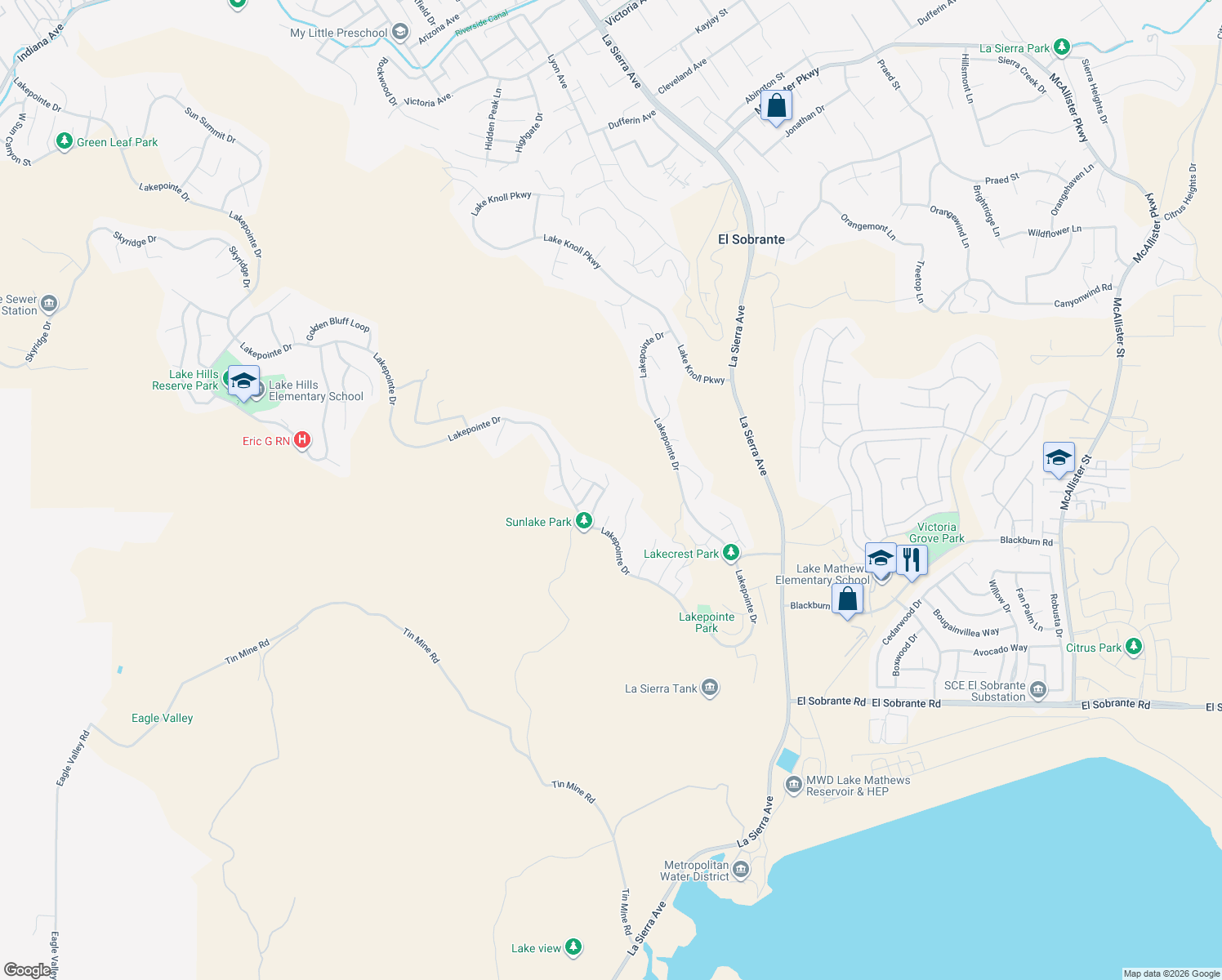 map of restaurants, bars, coffee shops, grocery stores, and more near 17384 Sun Lake Terrace in Riverside