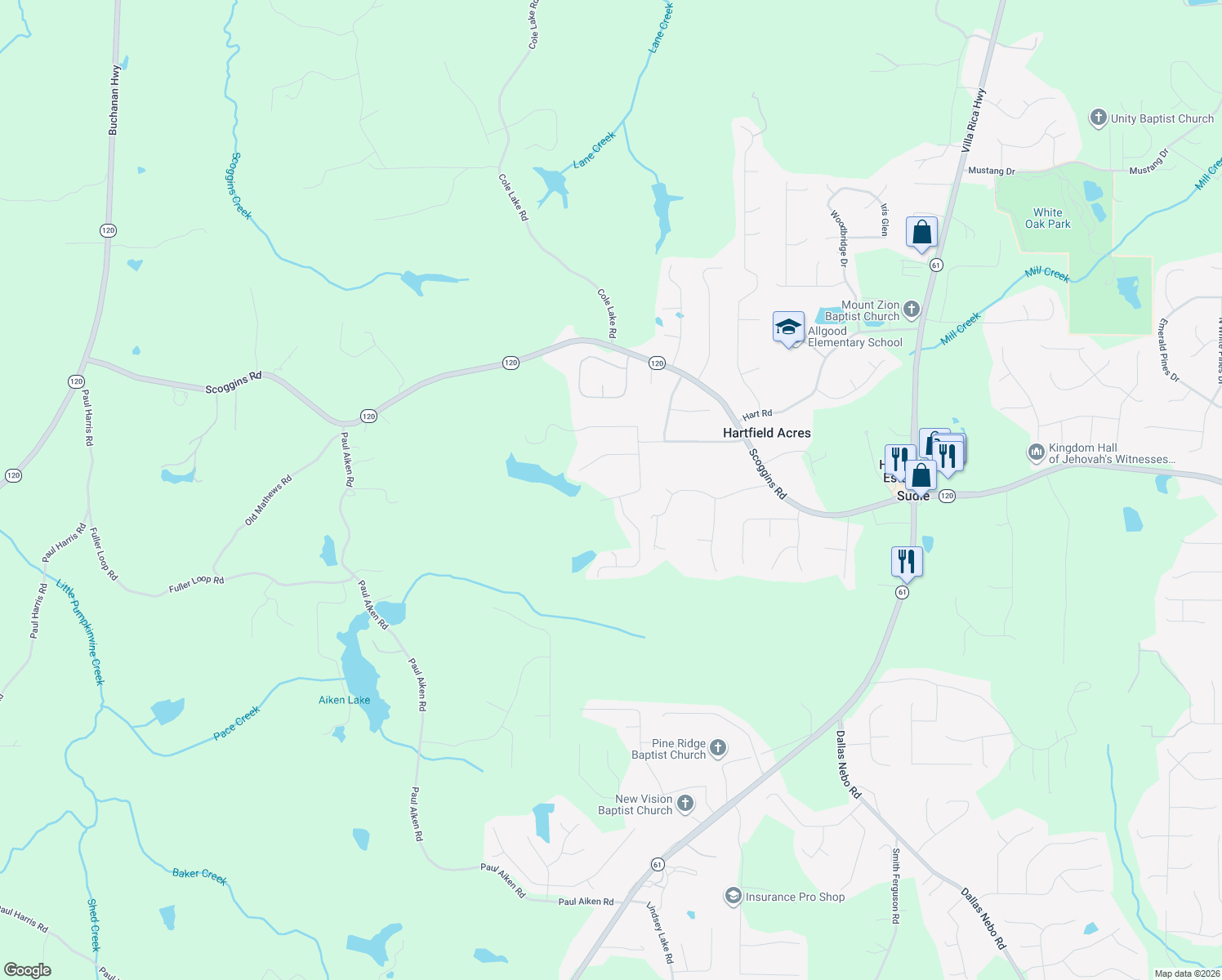 map of restaurants, bars, coffee shops, grocery stores, and more near 94 Paces Overlook Trace in Dallas