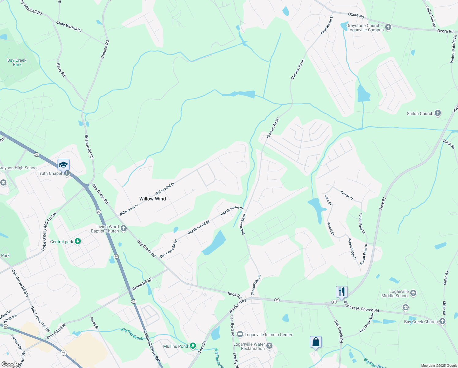 map of restaurants, bars, coffee shops, grocery stores, and more near 662 Shady Willow Lane in Loganville