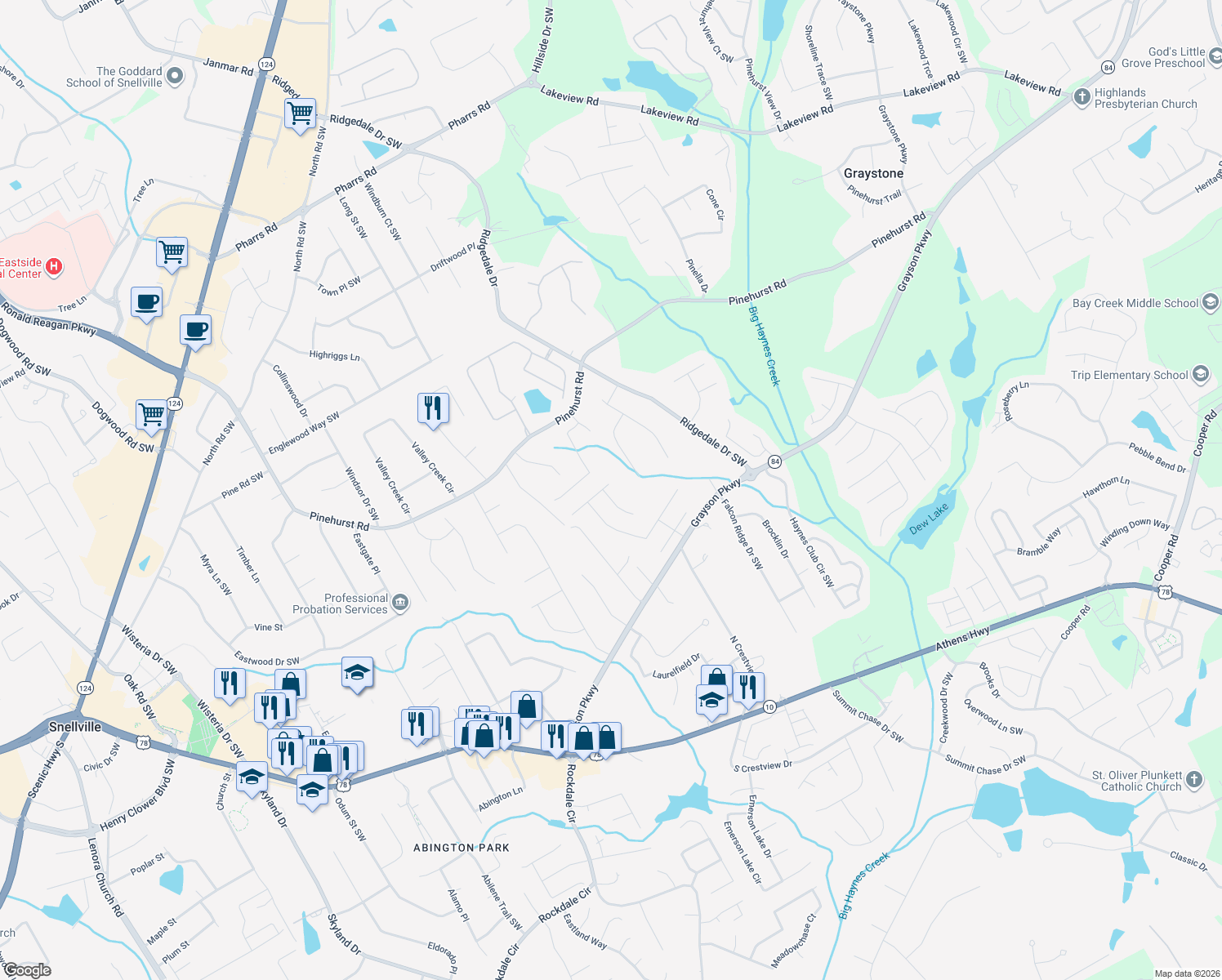 map of restaurants, bars, coffee shops, grocery stores, and more near 1618 Windrush Way in Grayson