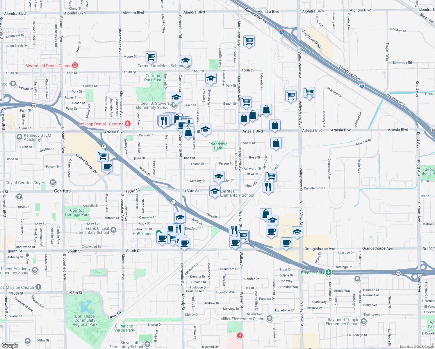 map of restaurants, bars, coffee shops, grocery stores, and more near 17920 Newbrook Avenue in Cerritos