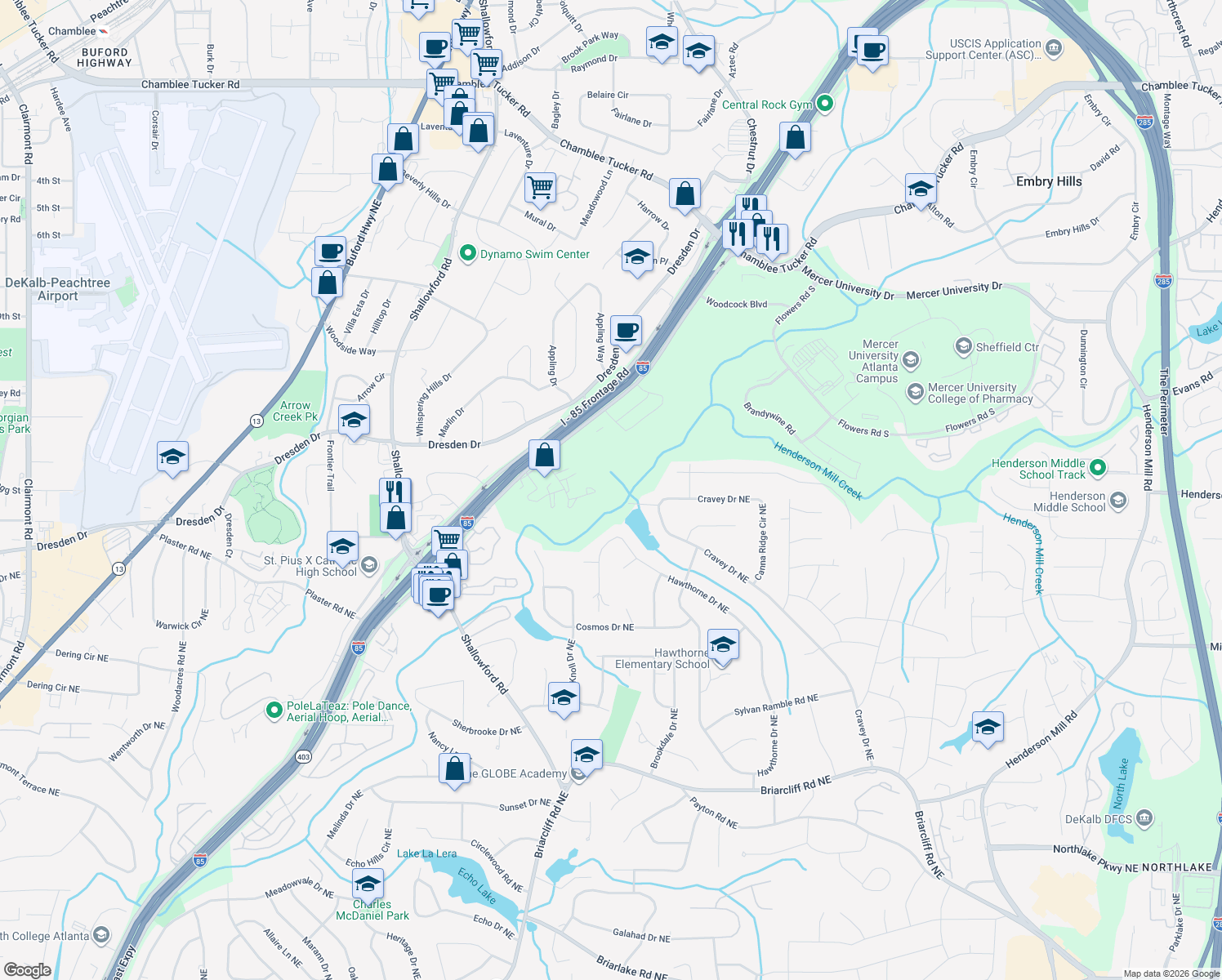 map of restaurants, bars, coffee shops, grocery stores, and more near 3099 Colonial Way in Chamblee