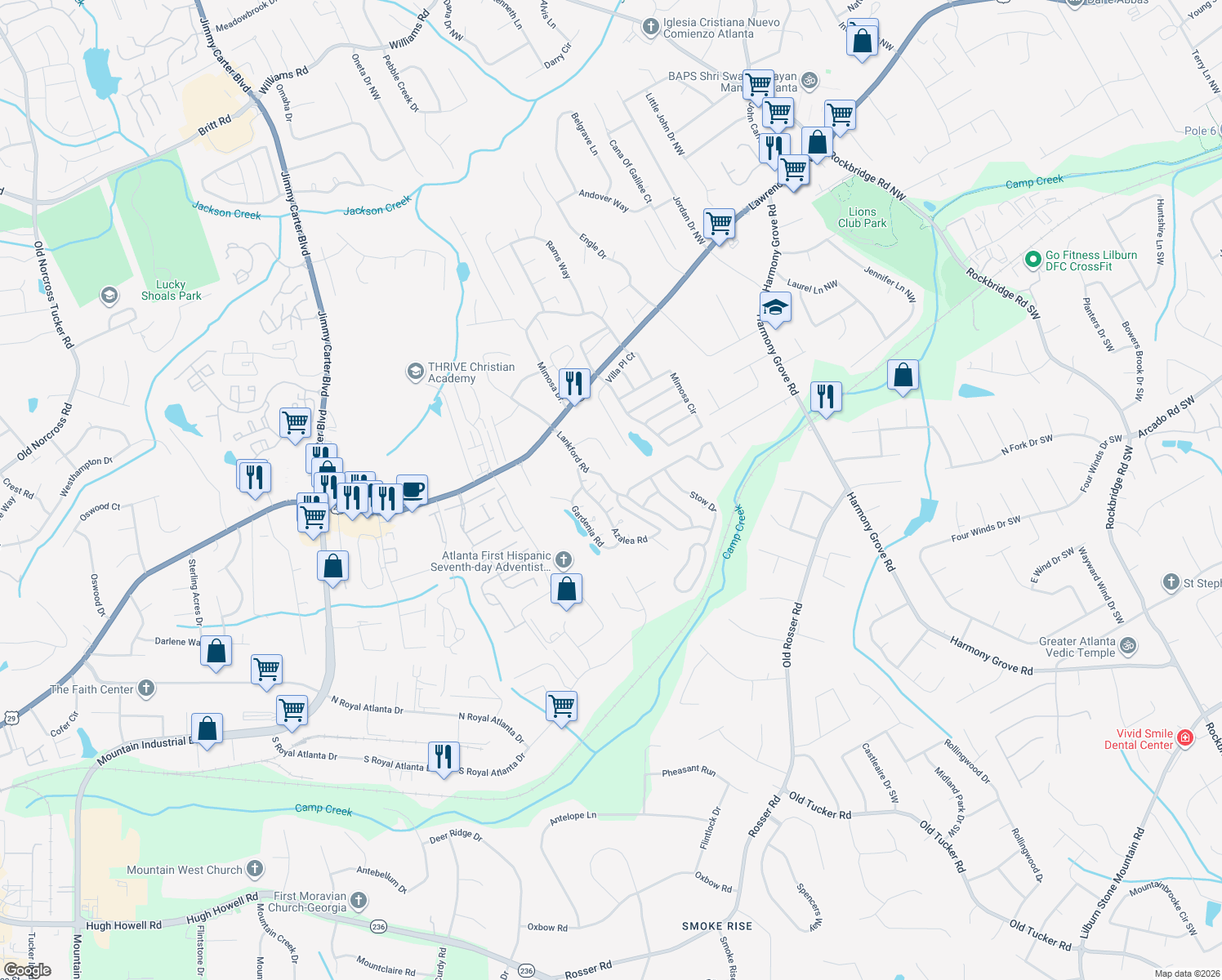 map of restaurants, bars, coffee shops, grocery stores, and more near 105 Lankford Rd in Tucker