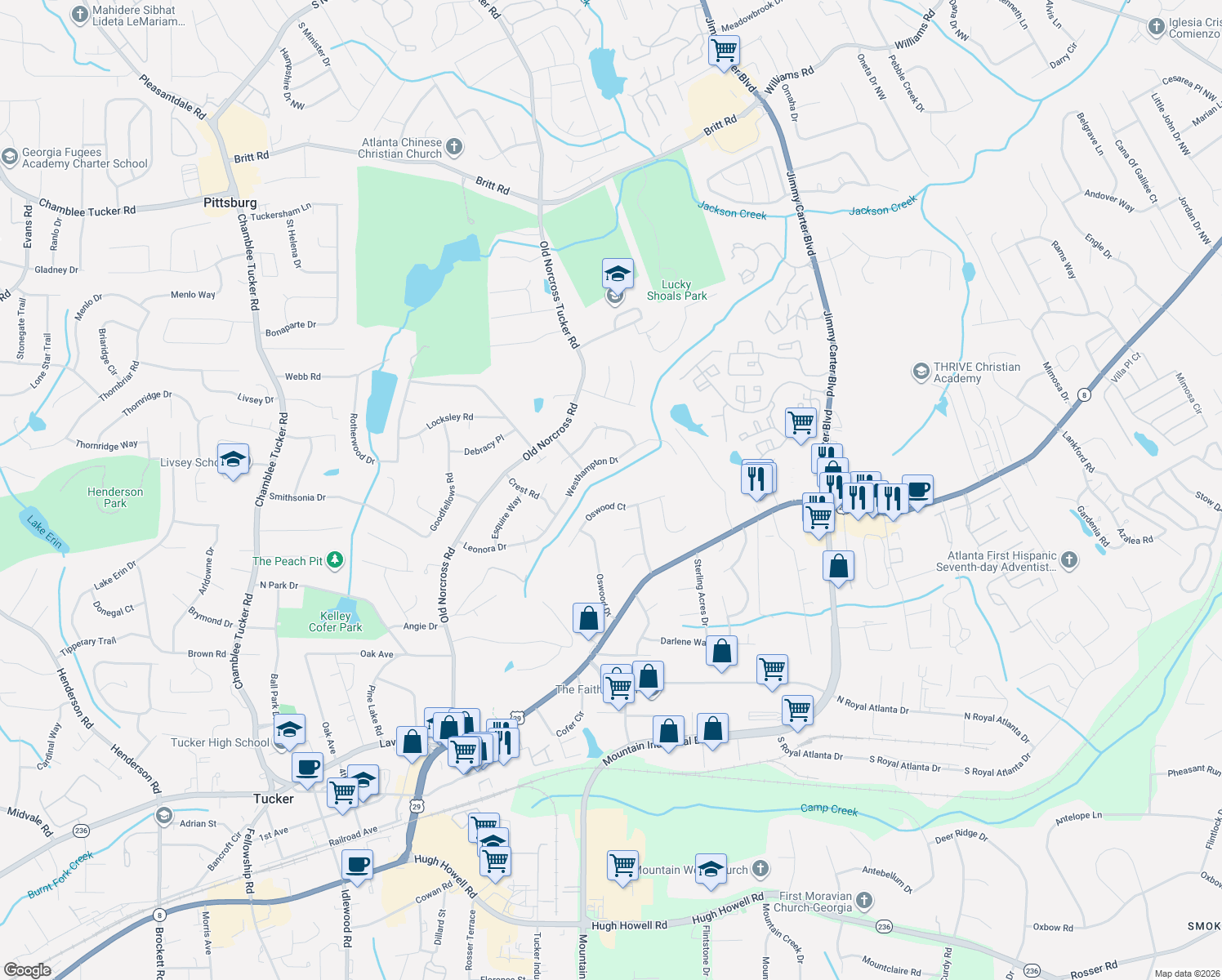 map of restaurants, bars, coffee shops, grocery stores, and more near 4626 Oswood Court in Tucker