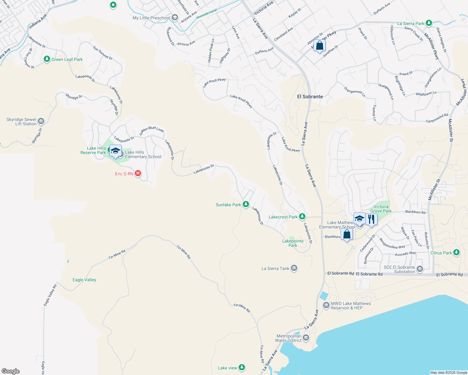 map of restaurants, bars, coffee shops, grocery stores, and more near 18180 Lakepointe Drive in Riverside