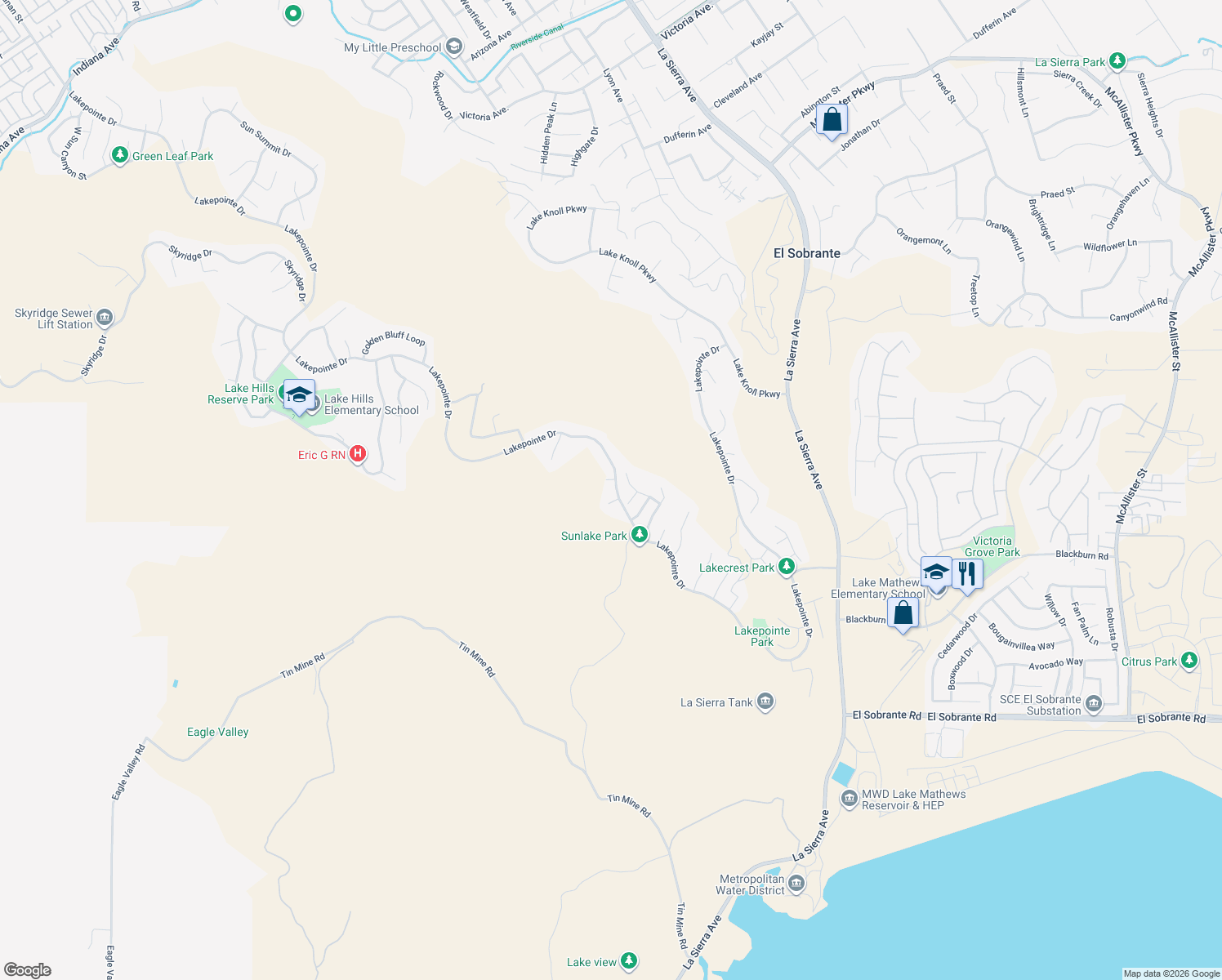 map of restaurants, bars, coffee shops, grocery stores, and more near 18180 Lakepointe Drive in Riverside