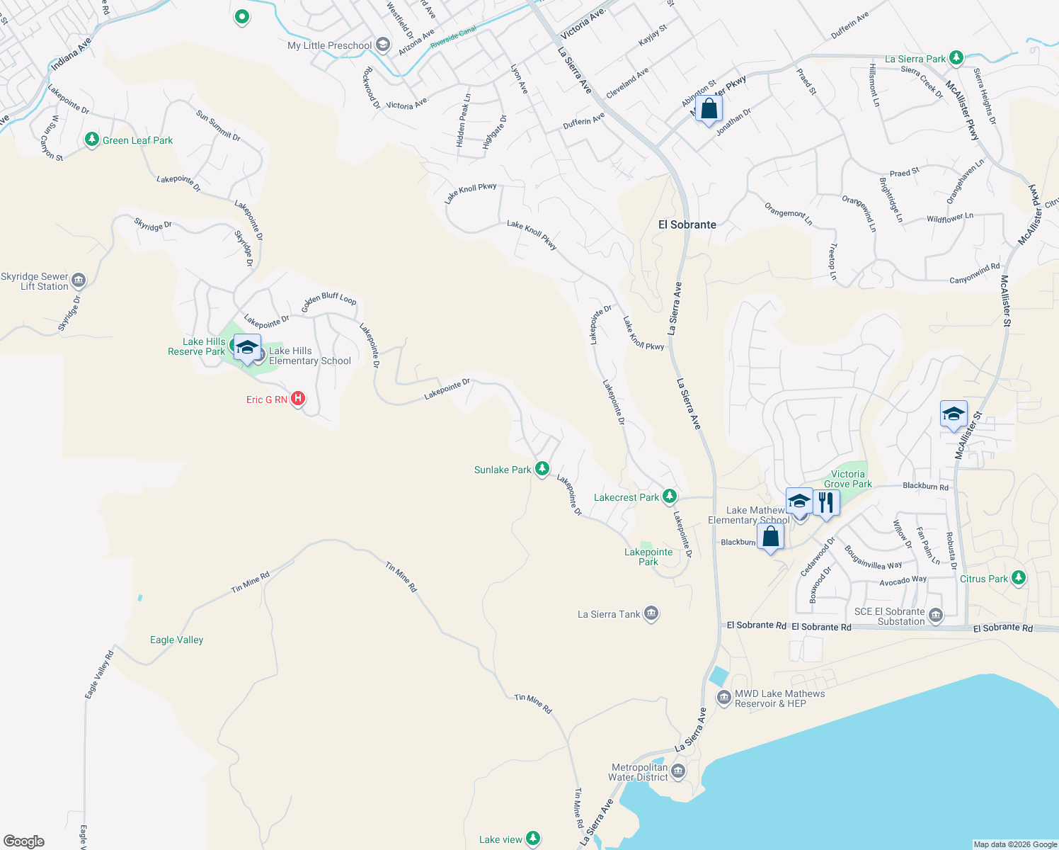 map of restaurants, bars, coffee shops, grocery stores, and more near 17261 Rosy Sky Circle in Riverside