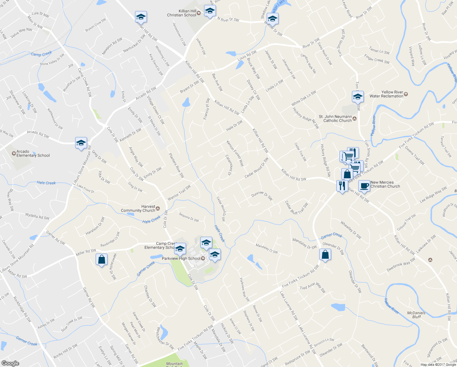 map of restaurants, bars, coffee shops, grocery stores, and more near 4487 Cedar Wood Drive Southwest in Lilburn
