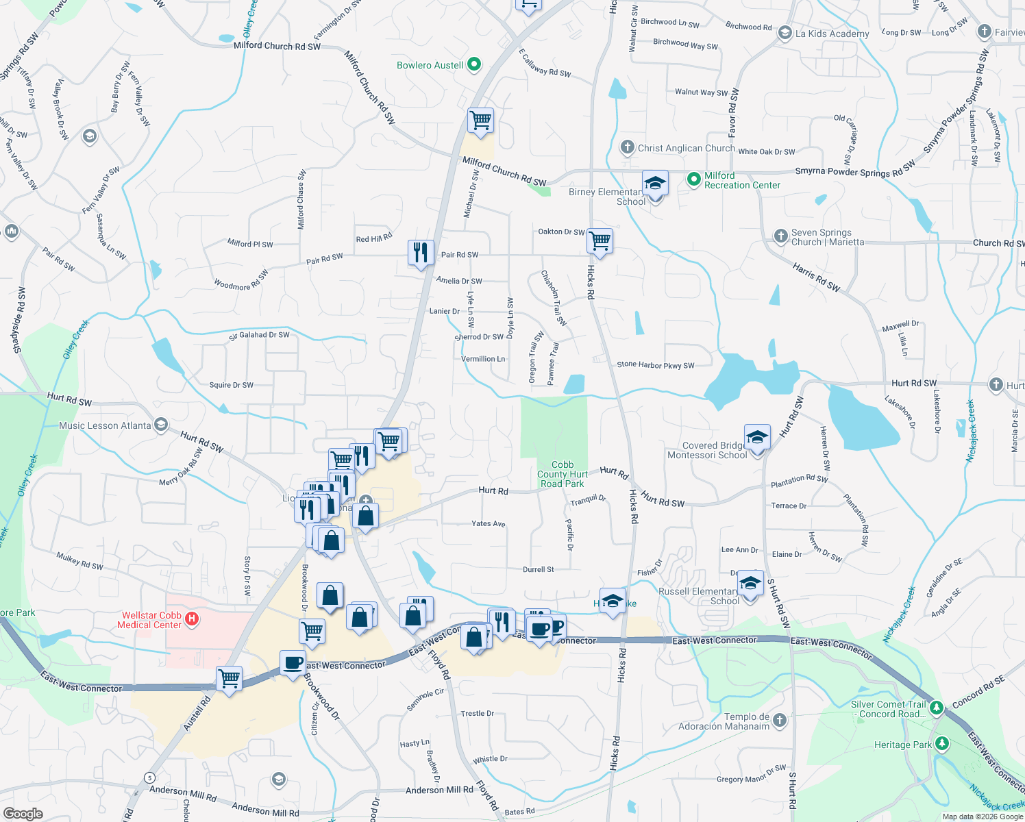 map of restaurants, bars, coffee shops, grocery stores, and more near 3539 Quiet Creek Ct SW in Marietta