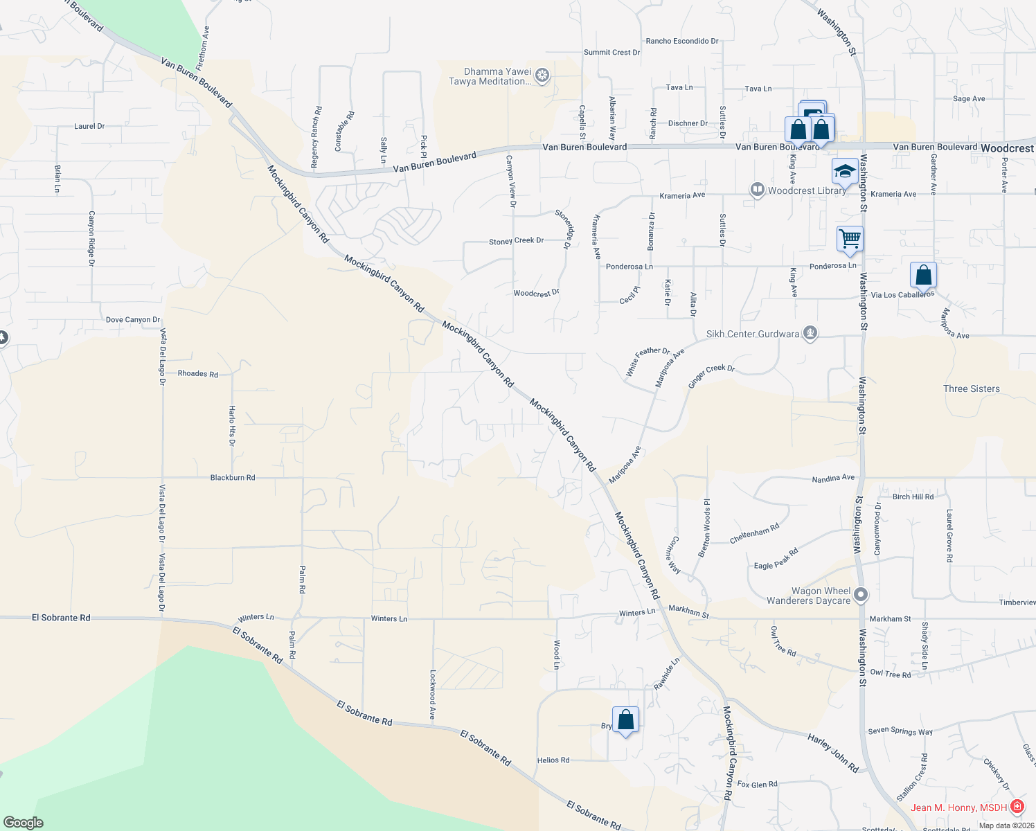 map of restaurants, bars, coffee shops, grocery stores, and more near 15780 Pounders Drive in Riverside