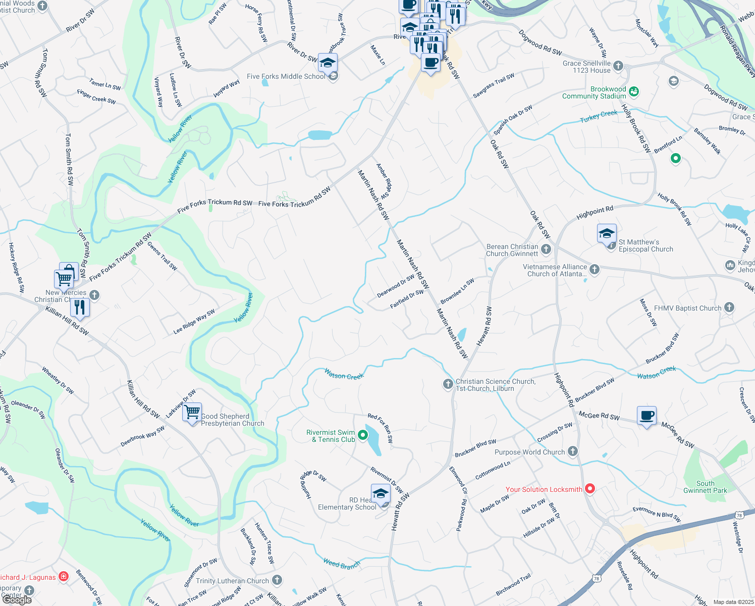 map of restaurants, bars, coffee shops, grocery stores, and more near 3414 Dearwood Drive Southwest in Lilburn