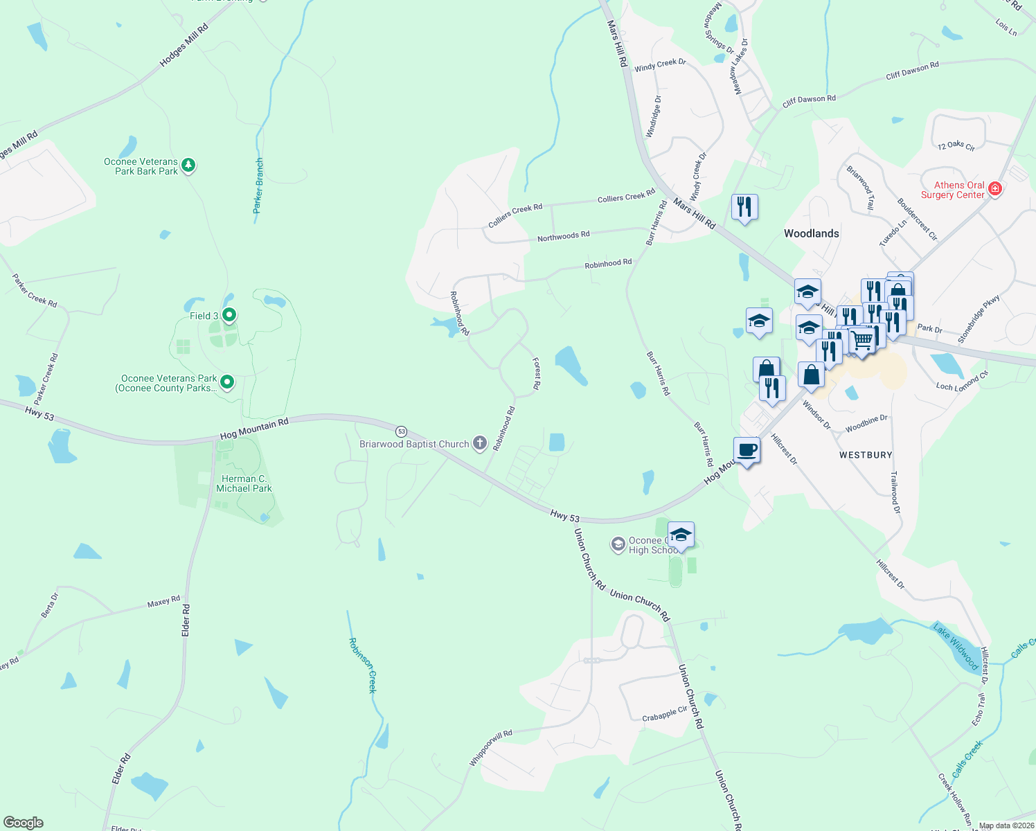 map of restaurants, bars, coffee shops, grocery stores, and more near 1811 Robinhood Road in Watkinsville