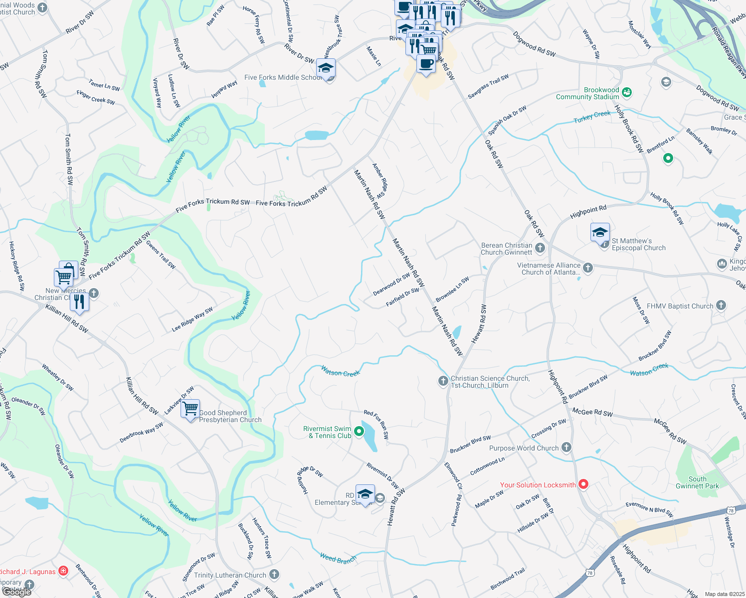 map of restaurants, bars, coffee shops, grocery stores, and more near 3414 Dearwood Drive Southwest in Lilburn
