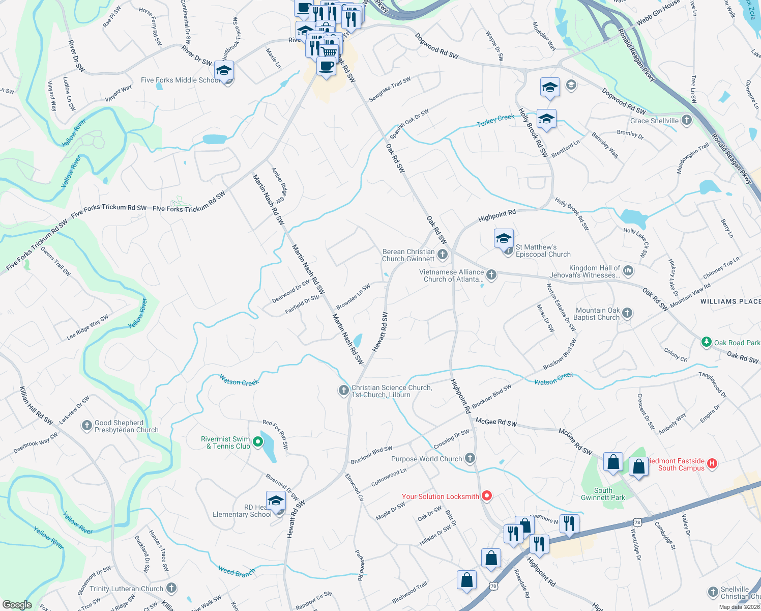 map of restaurants, bars, coffee shops, grocery stores, and more near 1467 Hewatt Road Southwest in Lilburn