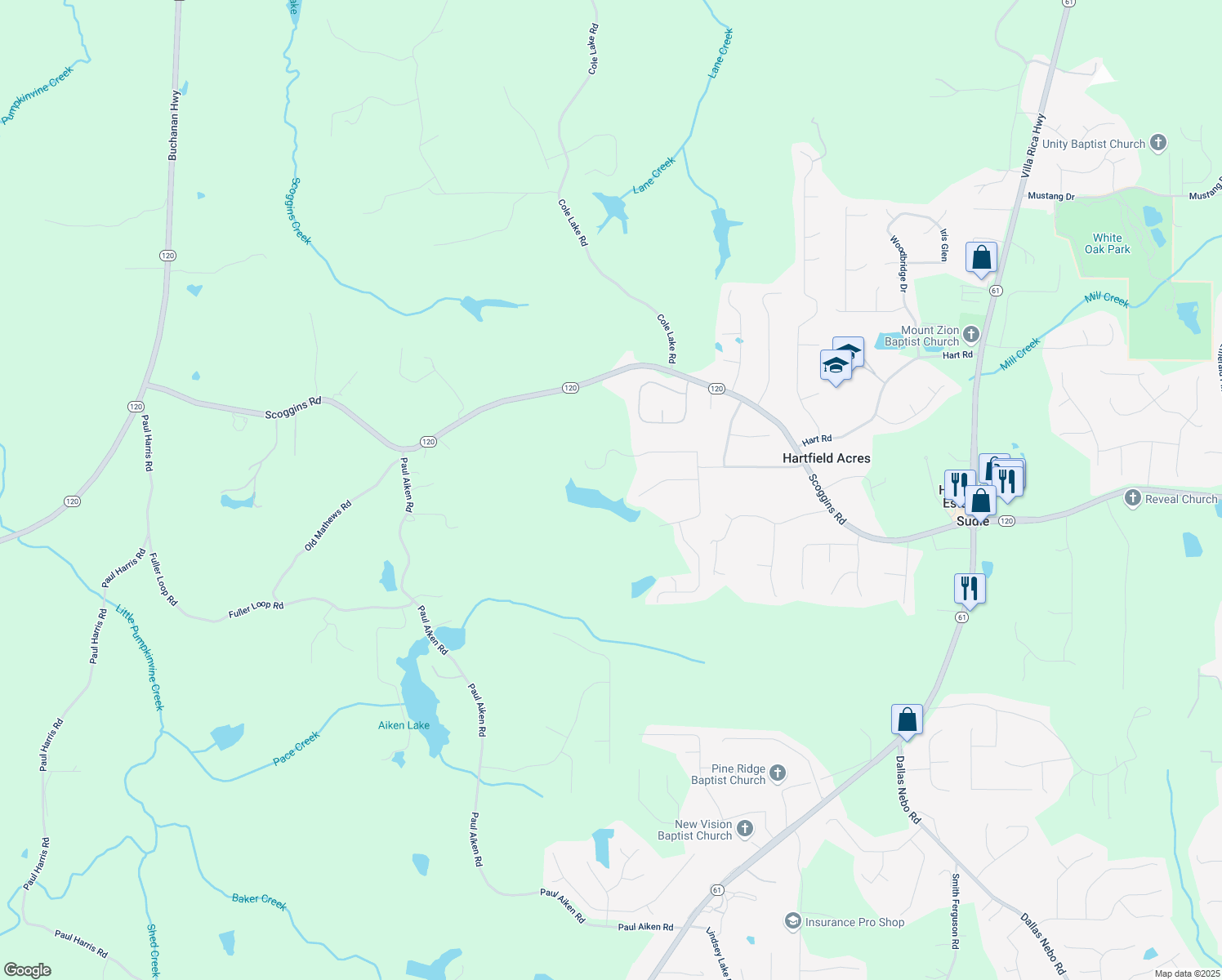 map of restaurants, bars, coffee shops, grocery stores, and more near 443 Paces Lakes Ridge in Dallas