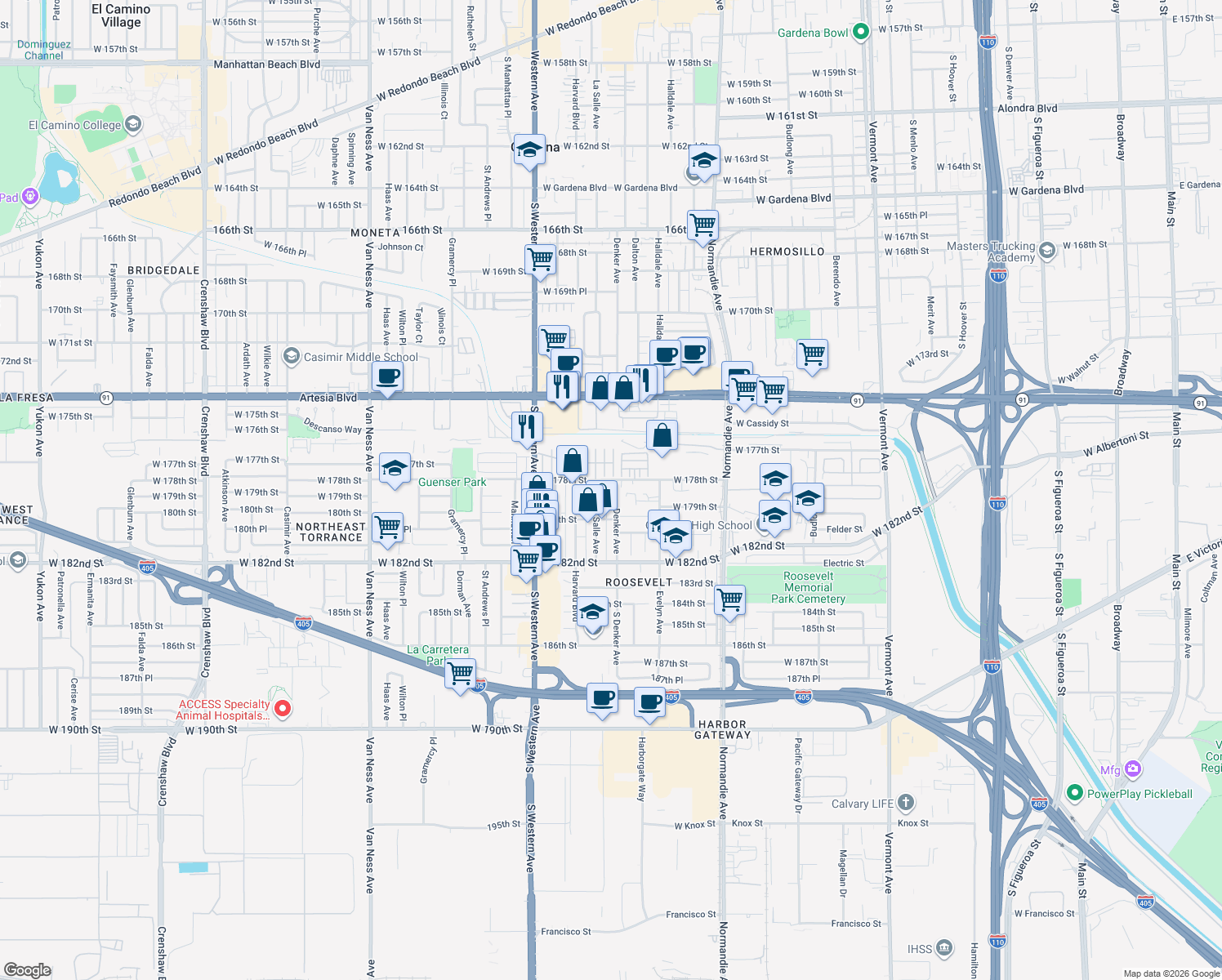 map of restaurants, bars, coffee shops, grocery stores, and more near 17815 Denker Avenue in Gardena