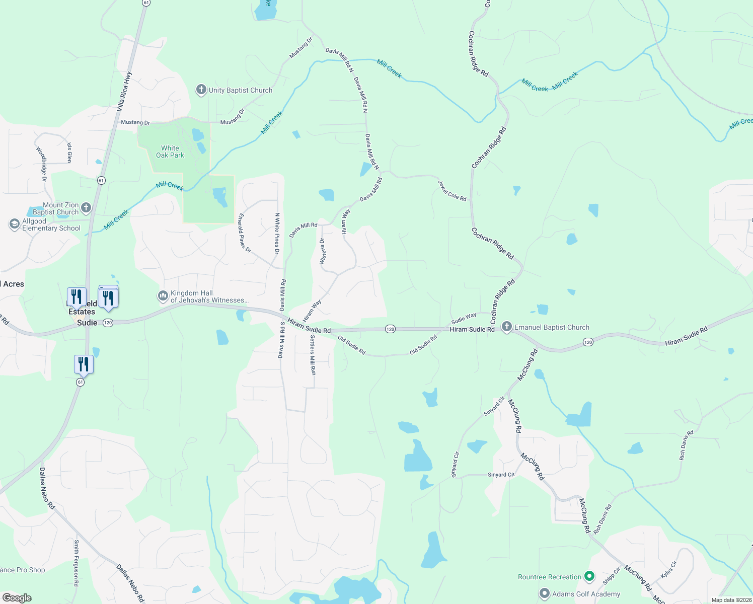 map of restaurants, bars, coffee shops, grocery stores, and more near 168 Prince Ln in Hiram