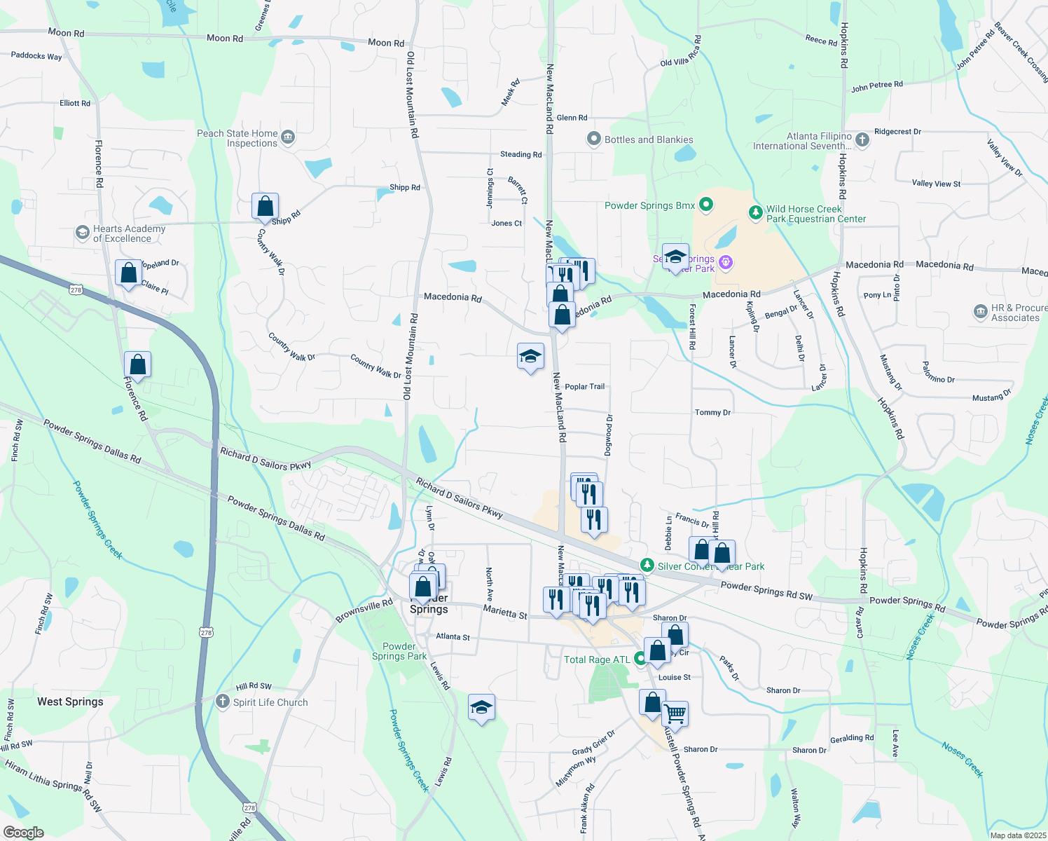 map of restaurants, bars, coffee shops, grocery stores, and more near 4266 Springdale Circle in Powder Springs
