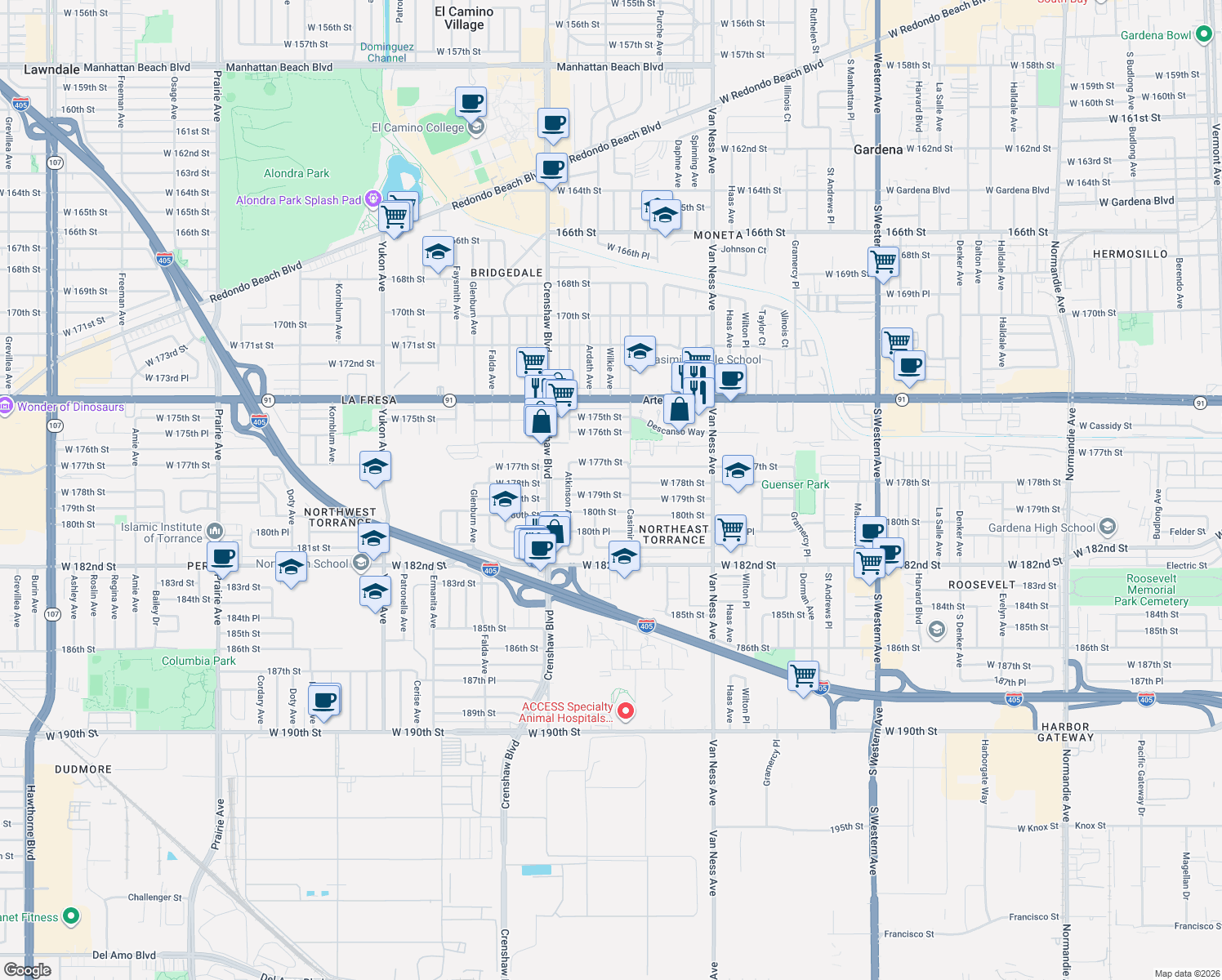 map of restaurants, bars, coffee shops, grocery stores, and more near 2623 W 179th St in Torrance