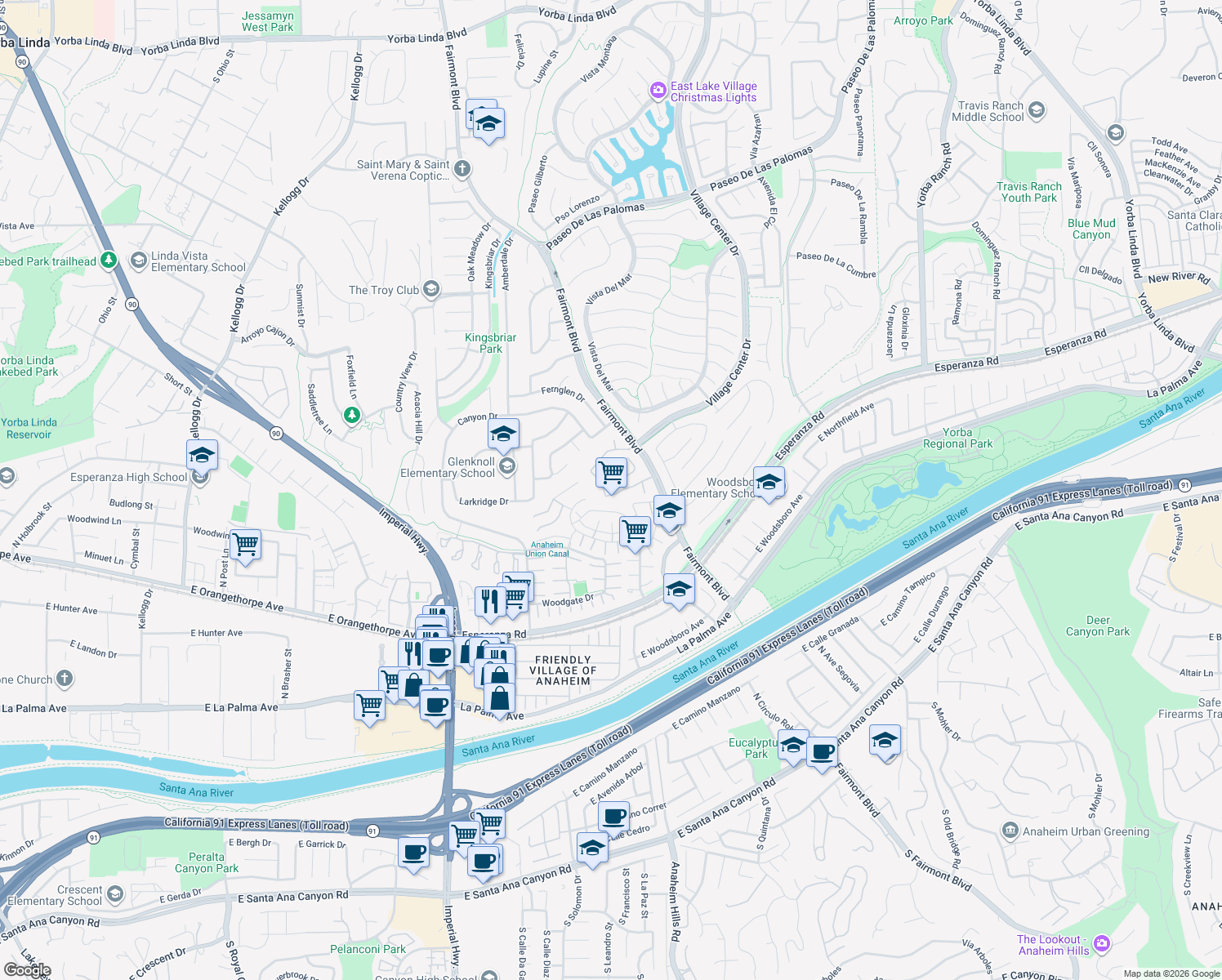 map of restaurants, bars, coffee shops, grocery stores, and more near 20065 Berkeley Way in Yorba Linda