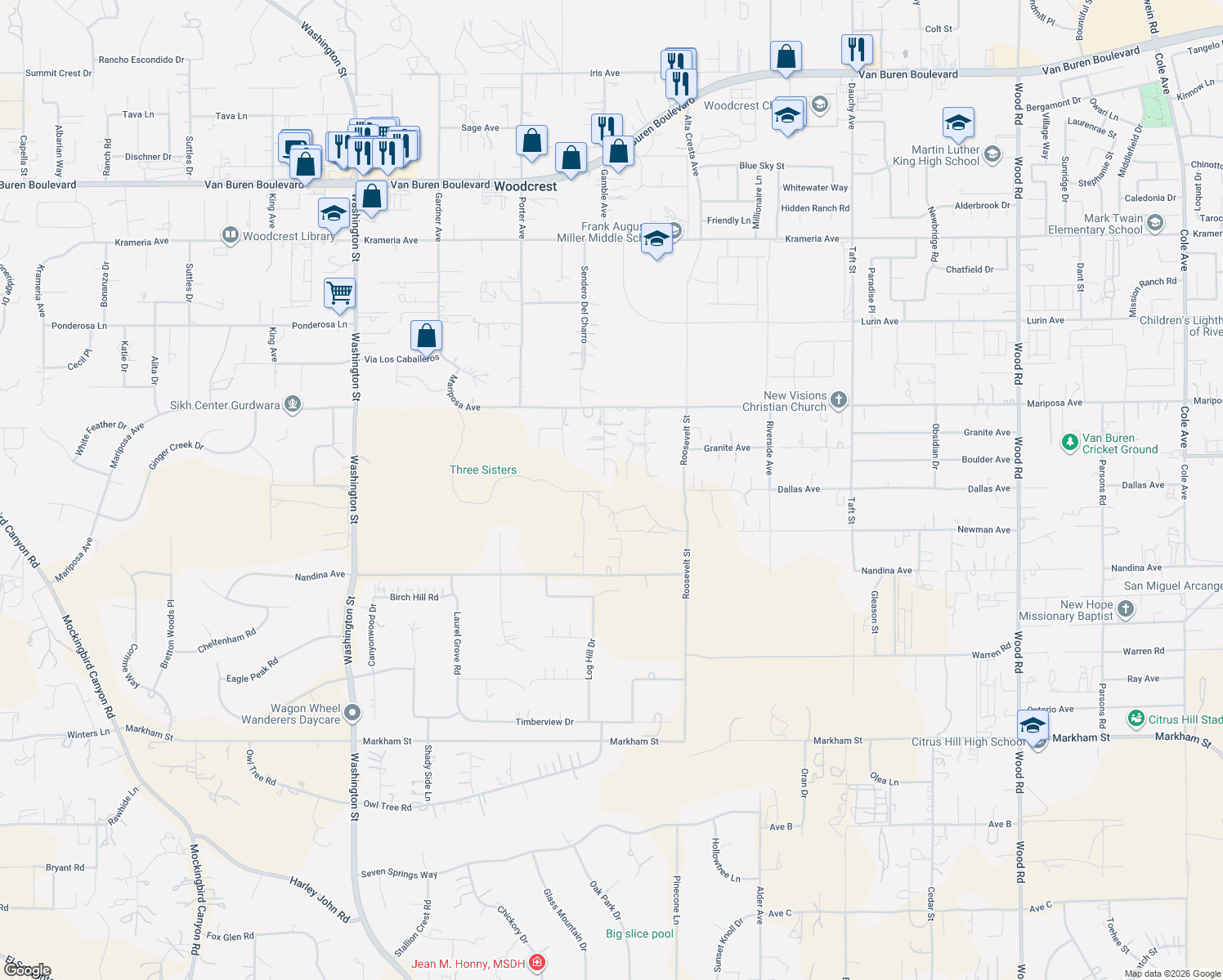 map of restaurants, bars, coffee shops, grocery stores, and more near 17234 Gamble Avenue in Riverside
