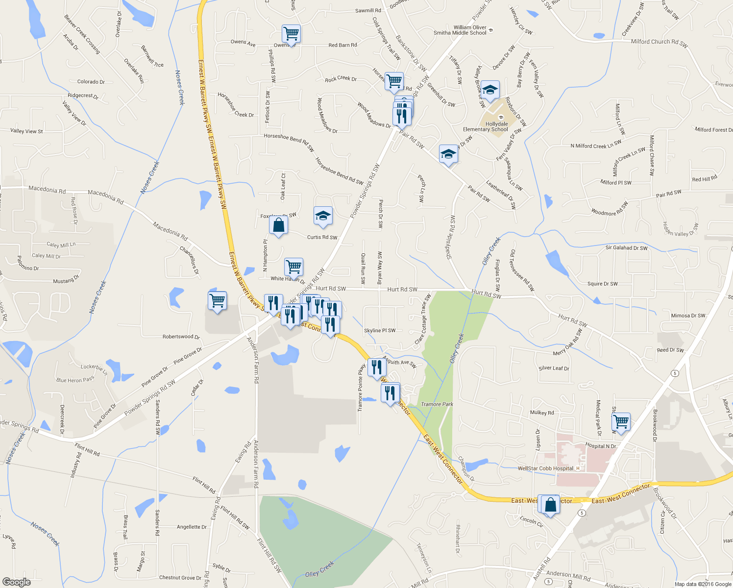 map of restaurants, bars, coffee shops, grocery stores, and more near 2365 Hurt Road Southwest in Marietta