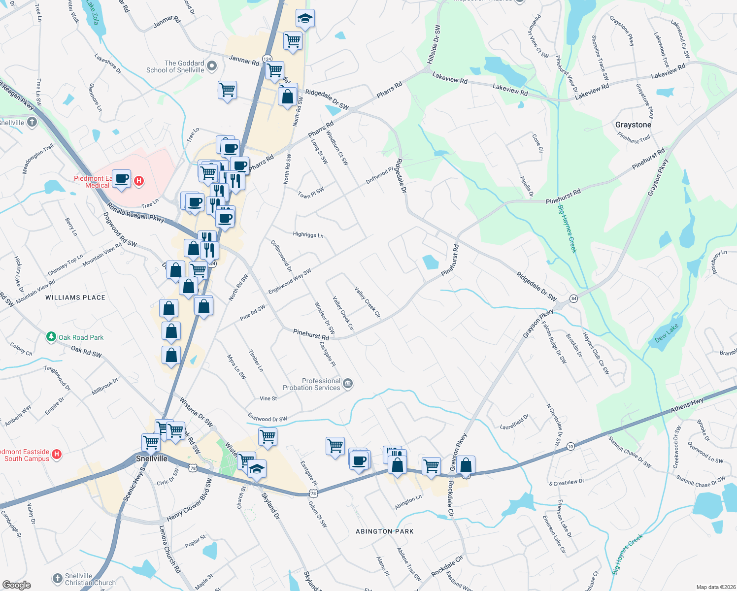 map of restaurants, bars, coffee shops, grocery stores, and more near 2188 Valley Creek Cir in Snellville