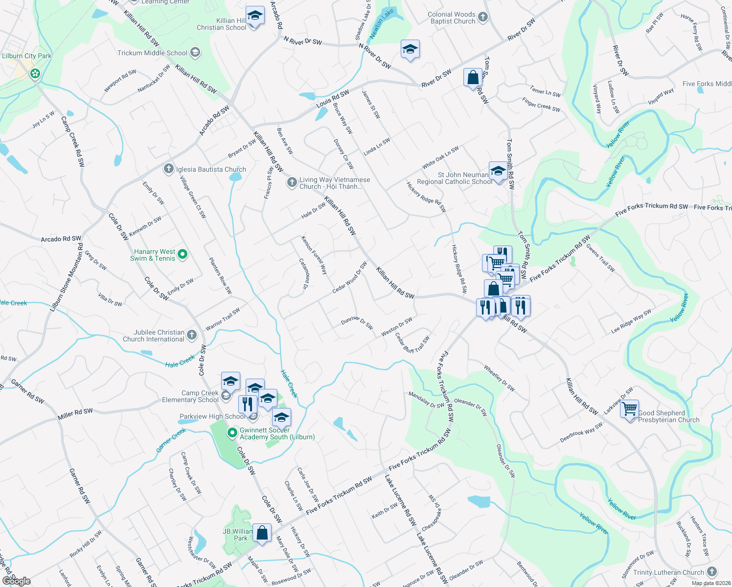 map of restaurants, bars, coffee shops, grocery stores, and more near 819 Bradford Ct SW in Lilburn