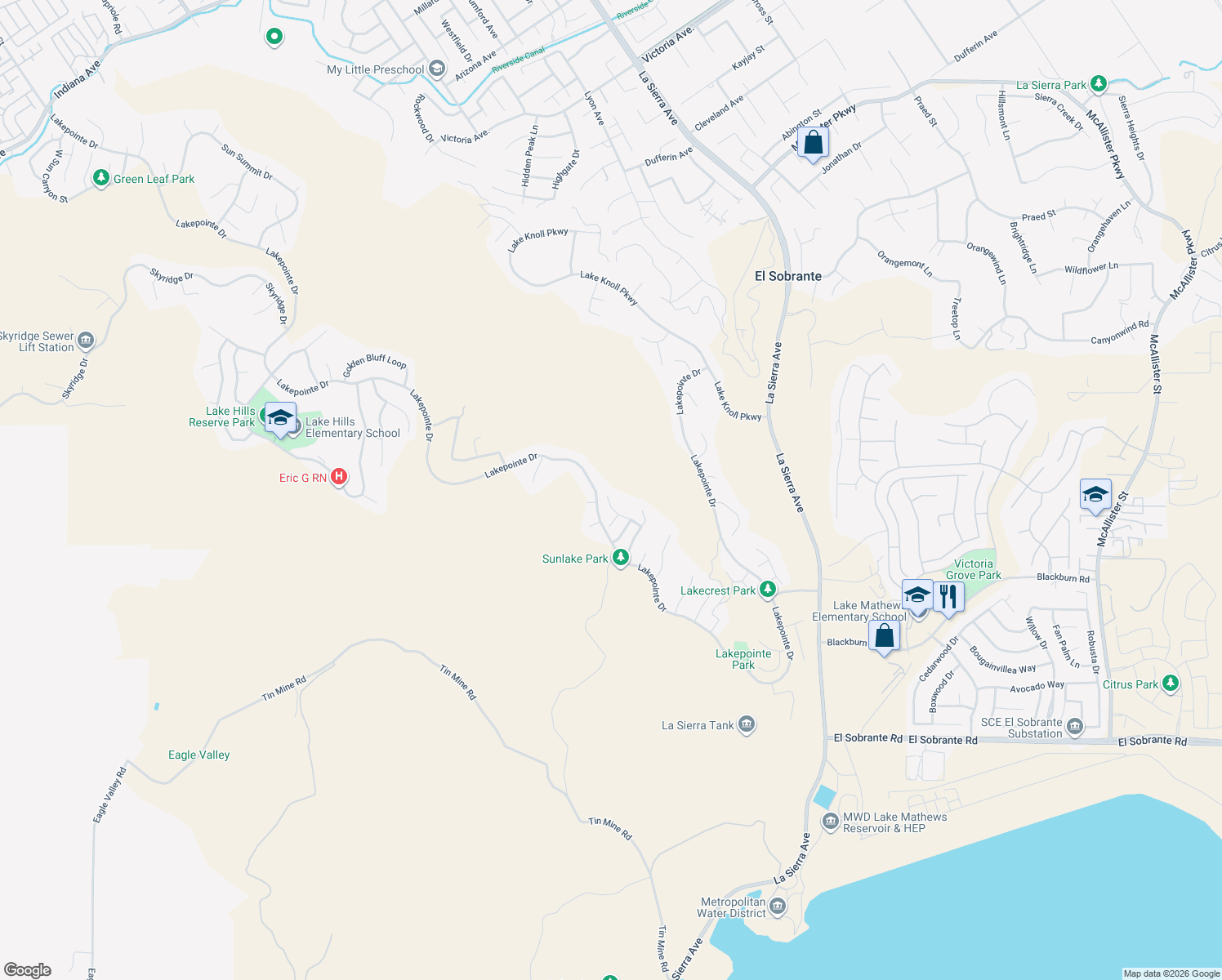 map of restaurants, bars, coffee shops, grocery stores, and more near 17261 Rosy Sky Circle in Riverside