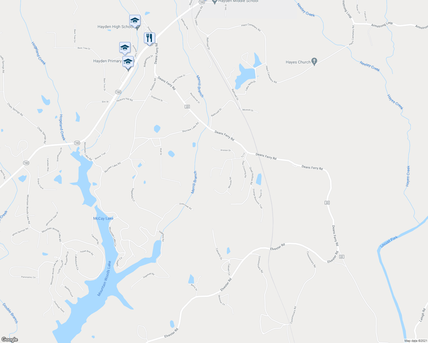 map of restaurants, bars, coffee shops, grocery stores, and more near 99 Nikki Lane in Warrior