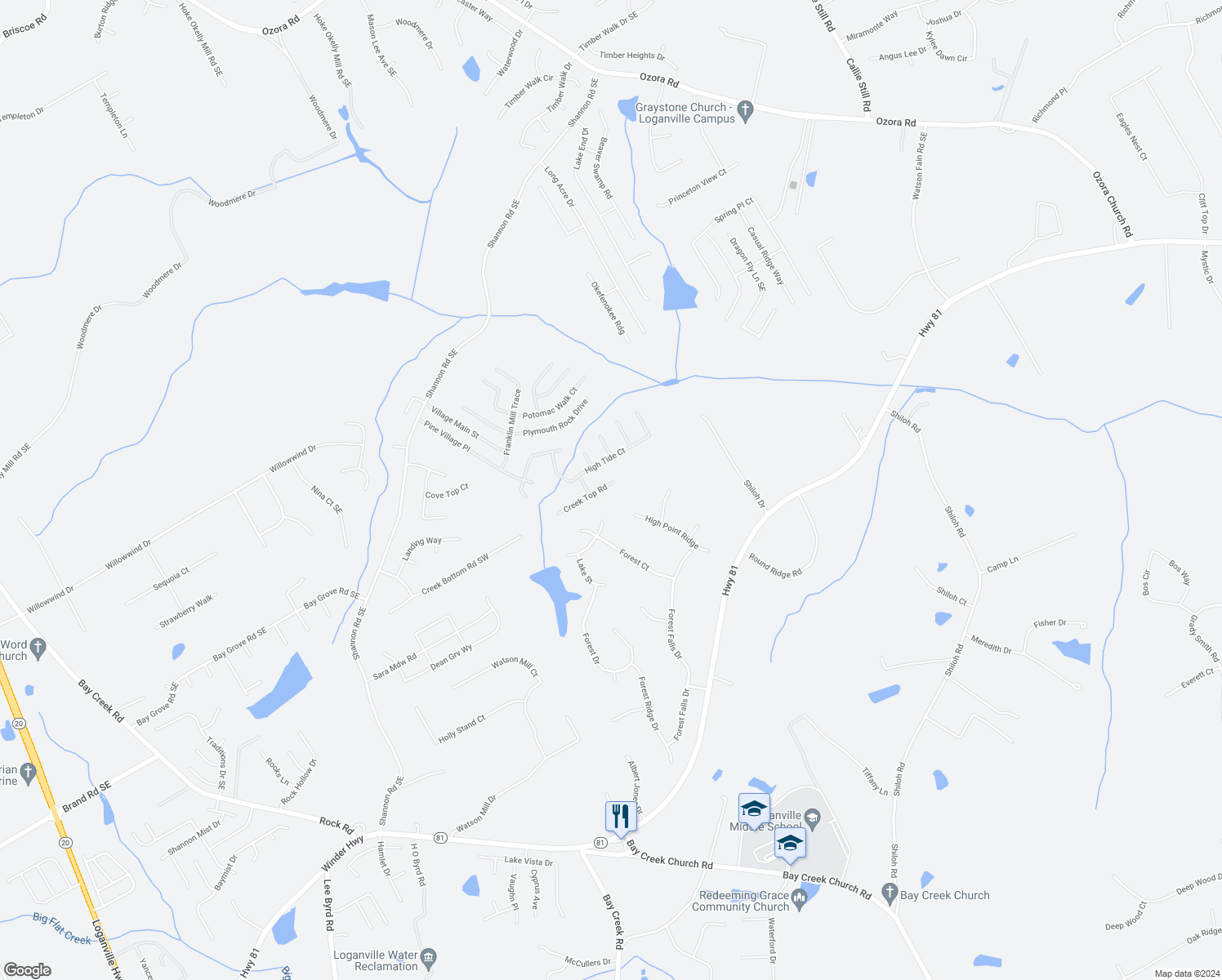 map of restaurants, bars, coffee shops, grocery stores, and more near 1253 Creek Top Road in Loganville