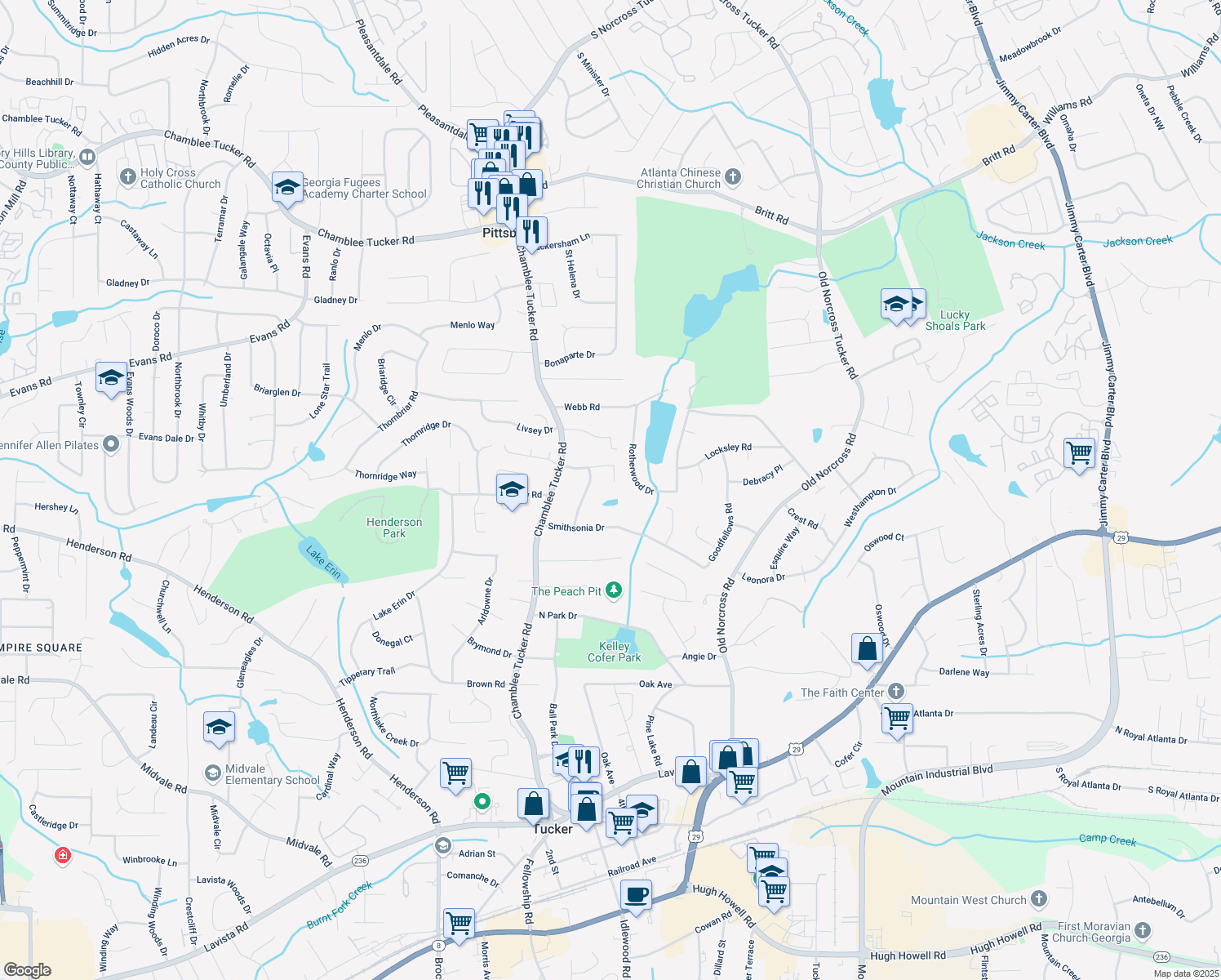 map of restaurants, bars, coffee shops, grocery stores, and more near 4307 Smithsonia Court in Tucker