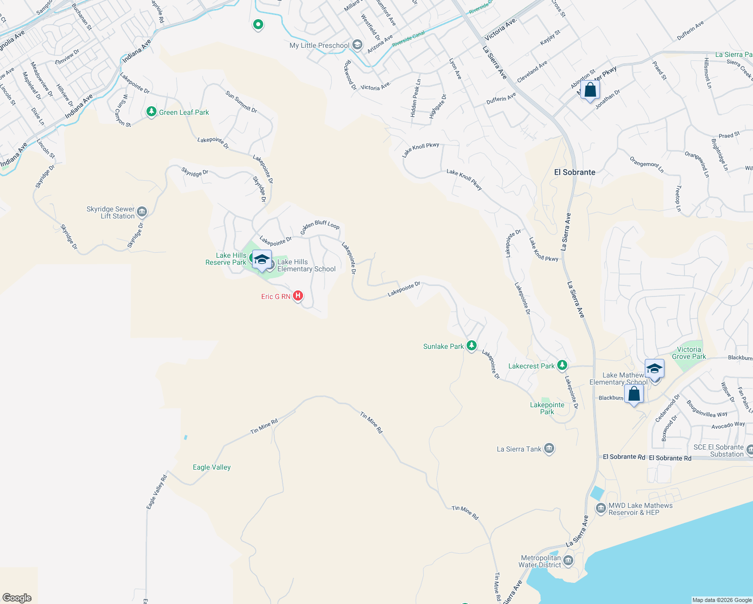 map of restaurants, bars, coffee shops, grocery stores, and more near 16969 Old Lake Road in Riverside