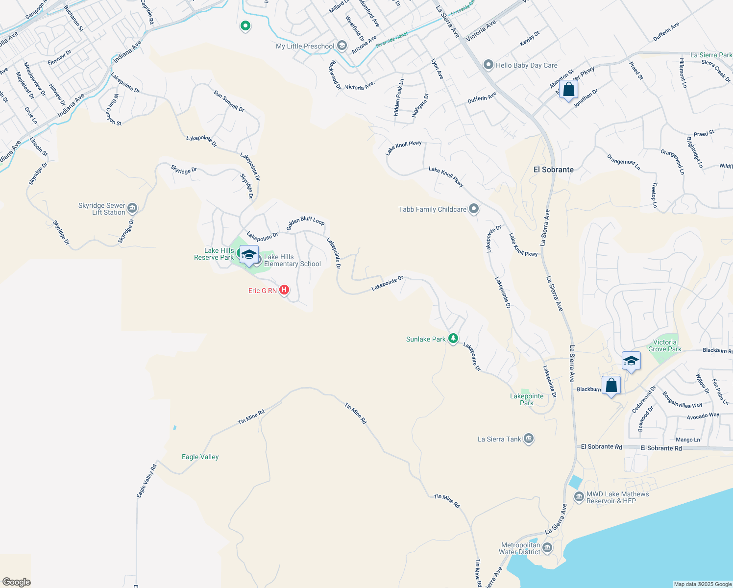 map of restaurants, bars, coffee shops, grocery stores, and more near 18394 Lakepointe Drive in Riverside