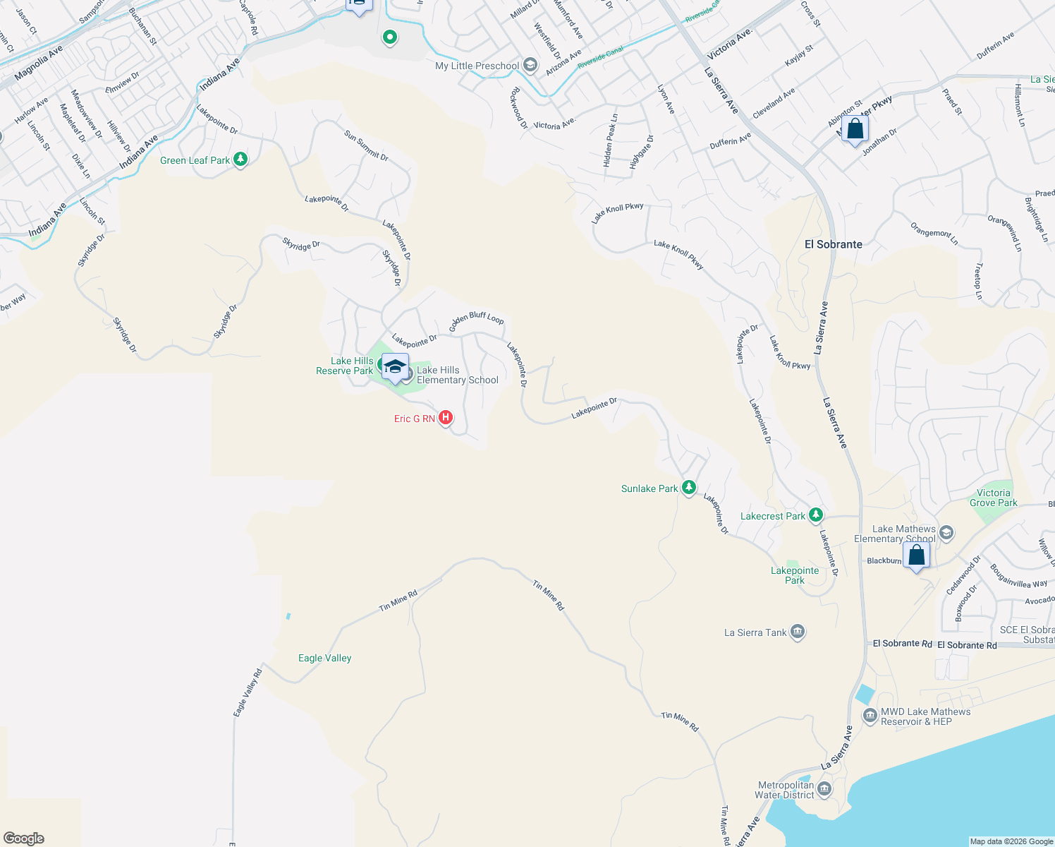 map of restaurants, bars, coffee shops, grocery stores, and more near 18458 Lakepointe Drive in Riverside