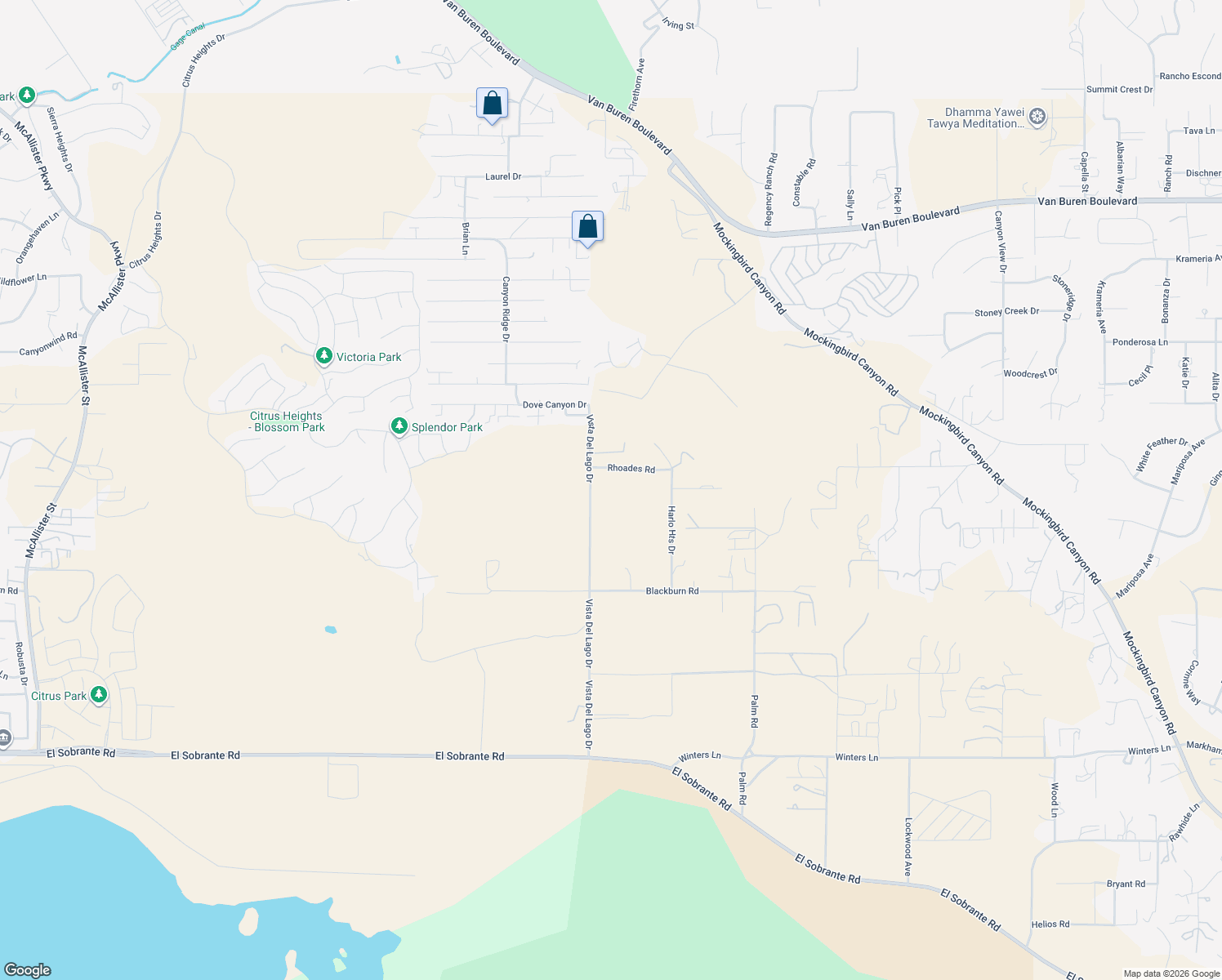 map of restaurants, bars, coffee shops, grocery stores, and more near Rhoades Road in Riverside