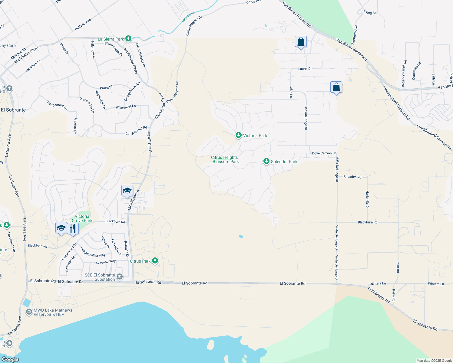 map of restaurants, bars, coffee shops, grocery stores, and more near 13471 Planet Court in Riverside