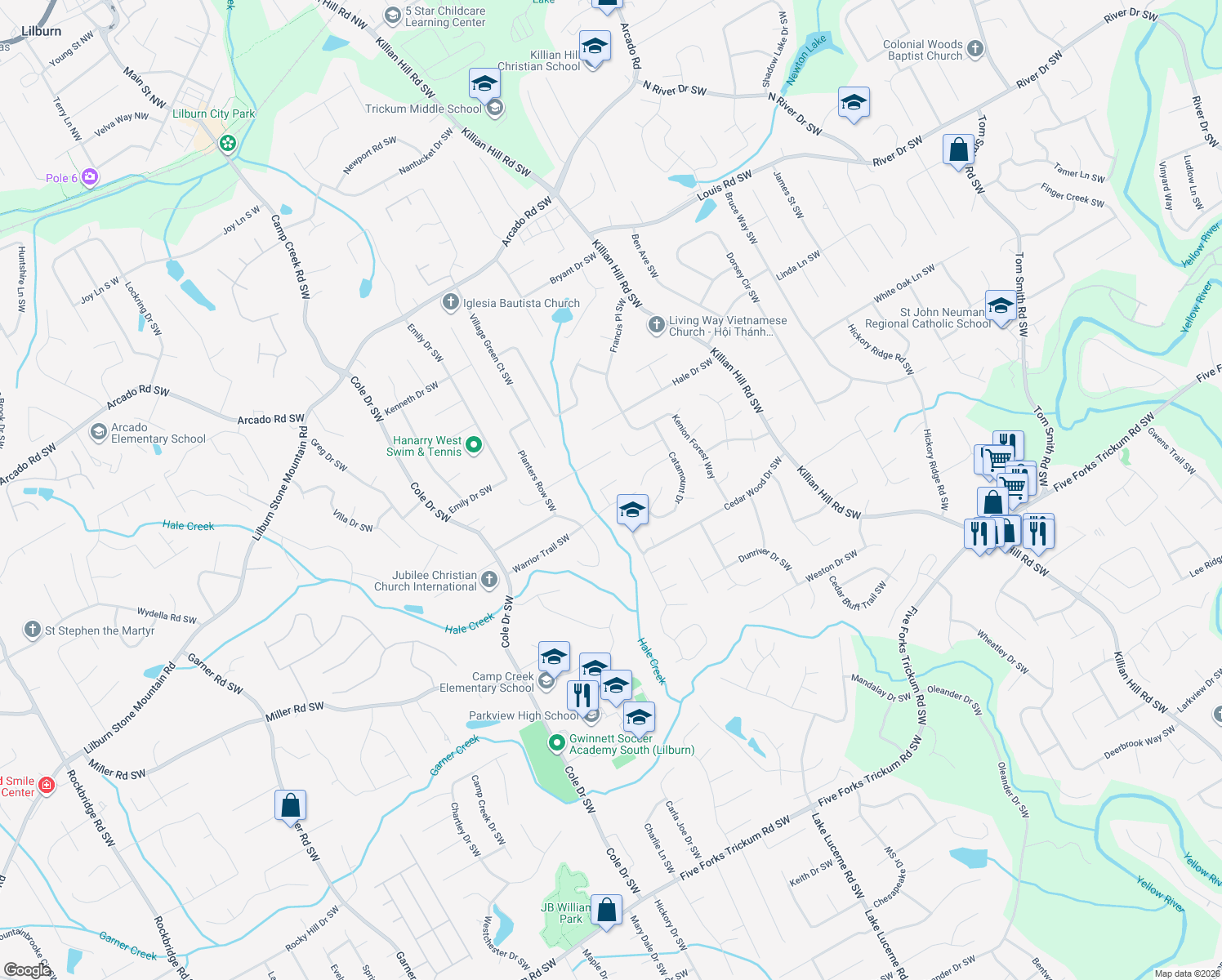 map of restaurants, bars, coffee shops, grocery stores, and more near 666 Bow Ct SW in Lilburn