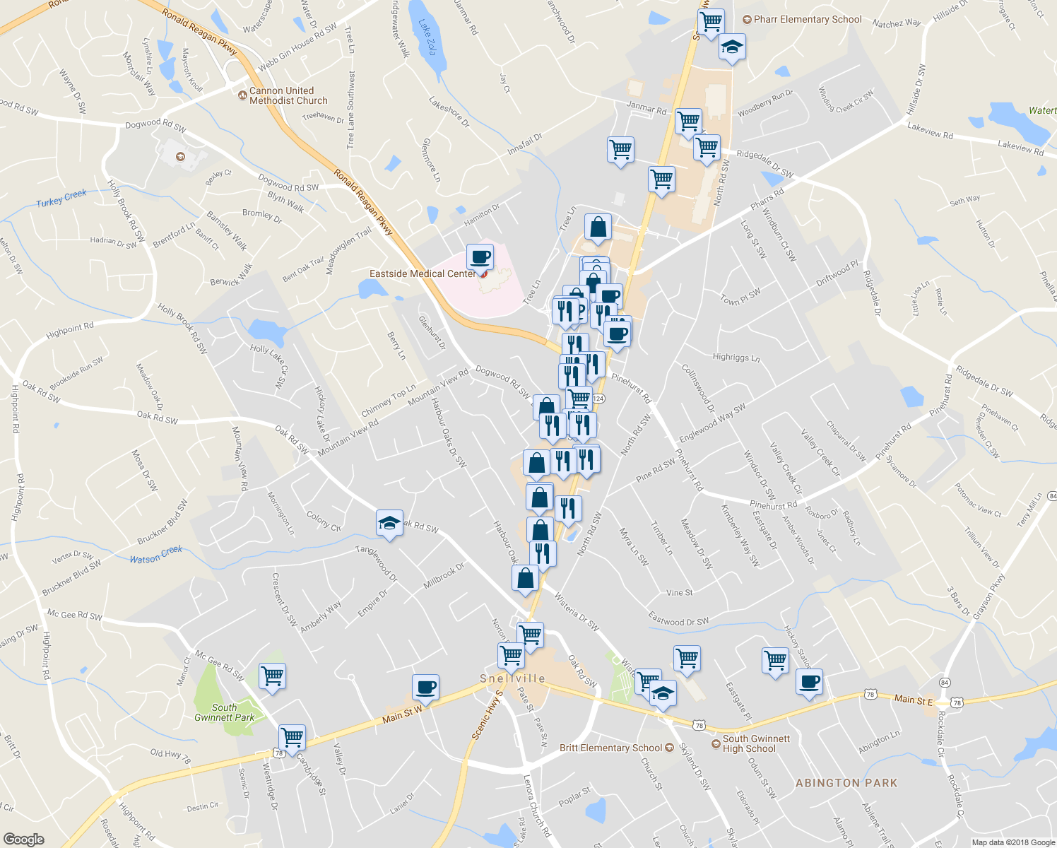 map of restaurants, bars, coffee shops, grocery stores, and more near 2167 Stockton Walk Way in Snellville