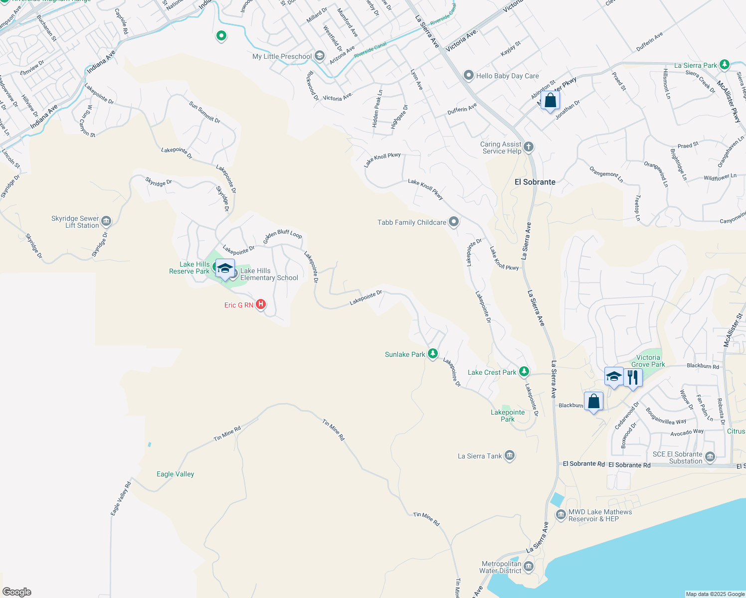 map of restaurants, bars, coffee shops, grocery stores, and more near 18338 Lakepointe Drive in Riverside
