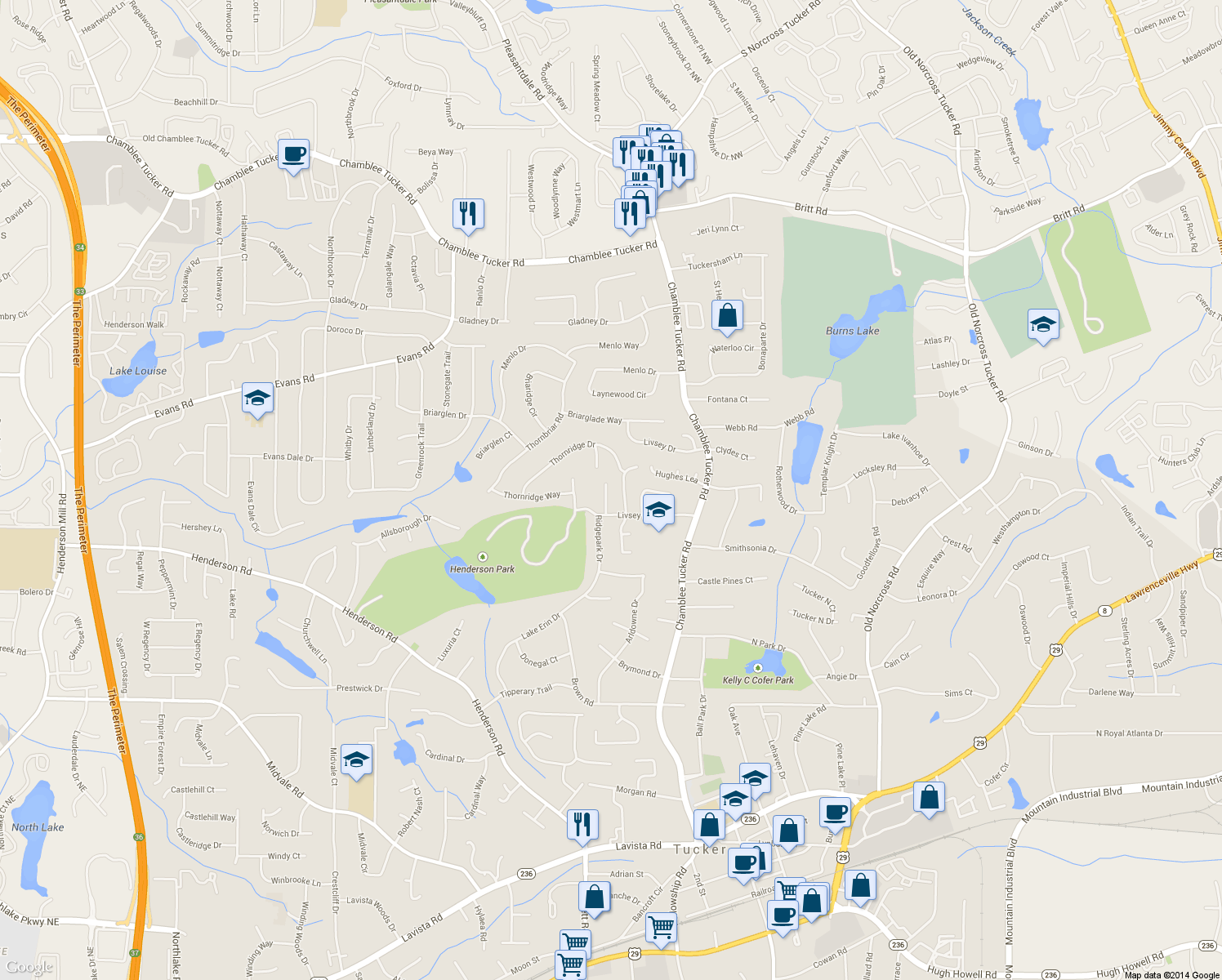 map of restaurants, bars, coffee shops, grocery stores, and more near 2829 Livsey Oaks Dr in Tucker
