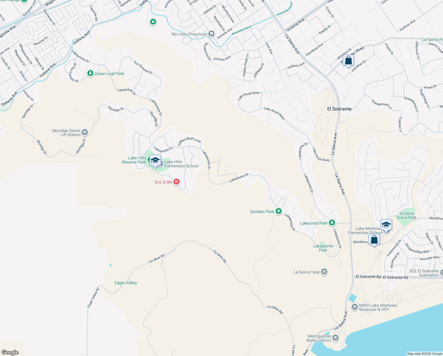 map of restaurants, bars, coffee shops, grocery stores, and more near 16969 Old Lake Road in Riverside