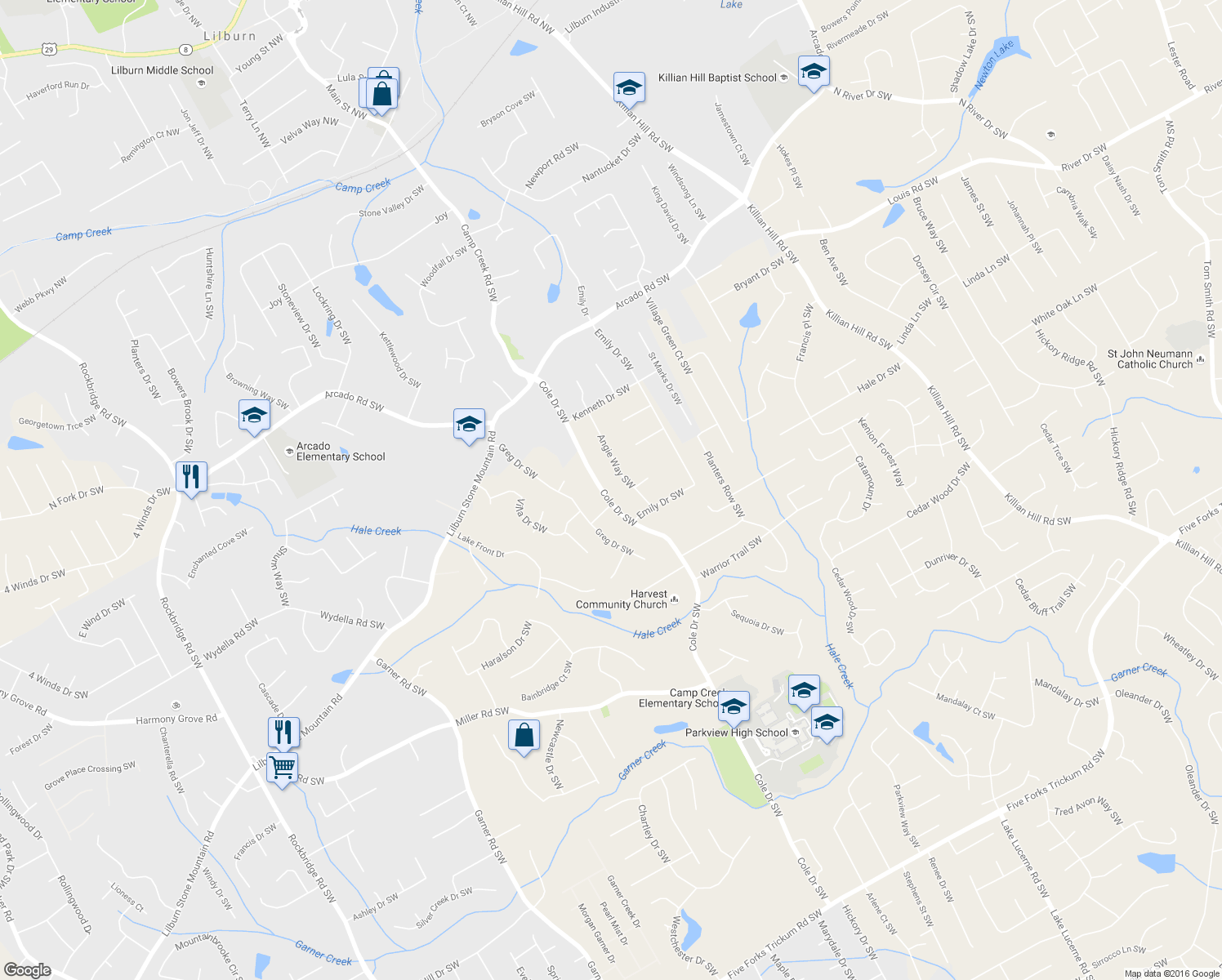 map of restaurants, bars, coffee shops, grocery stores, and more near 538 Cole Drive Southwest in Lilburn