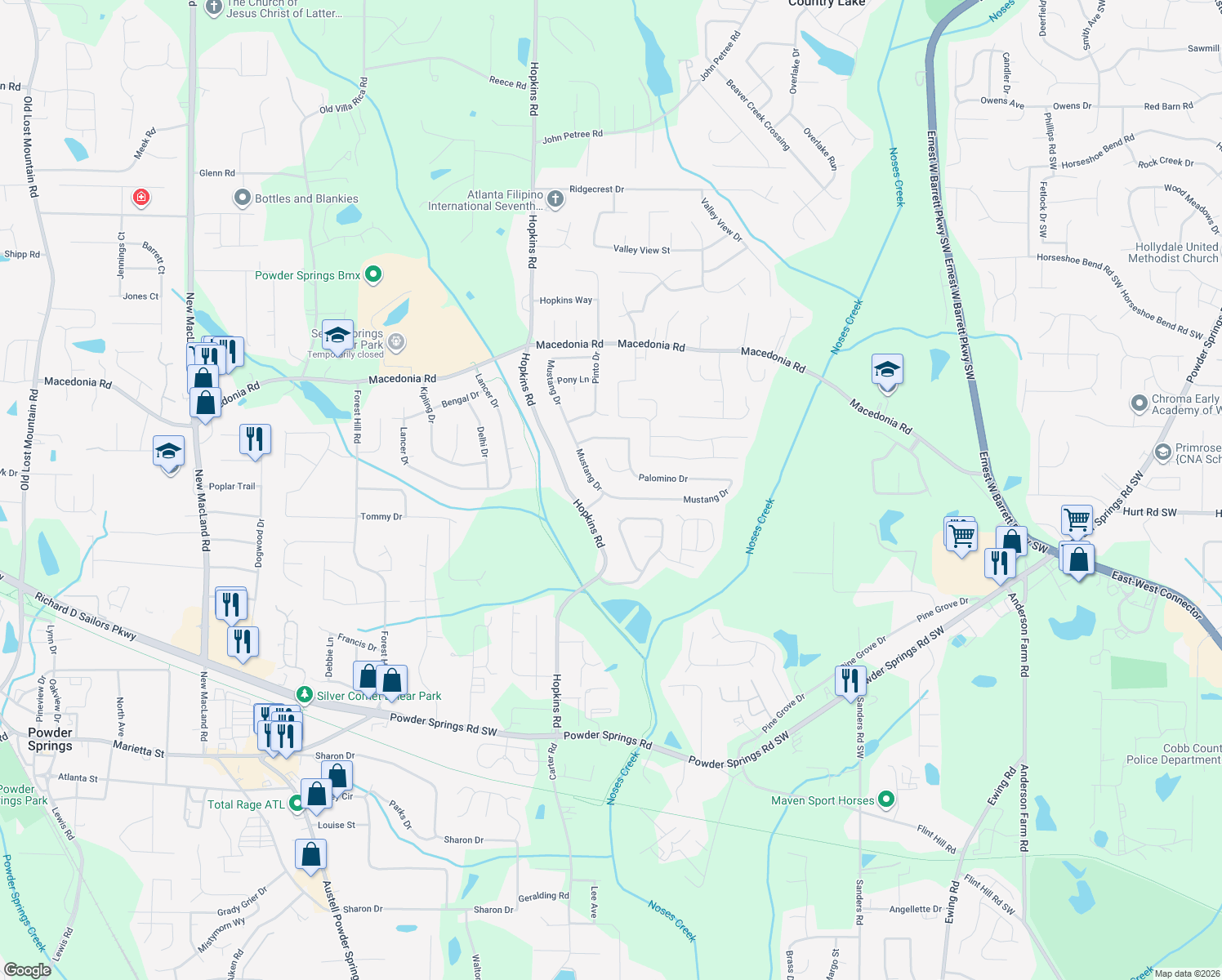 map of restaurants, bars, coffee shops, grocery stores, and more near 3420 Mustang Drive in Powder Springs