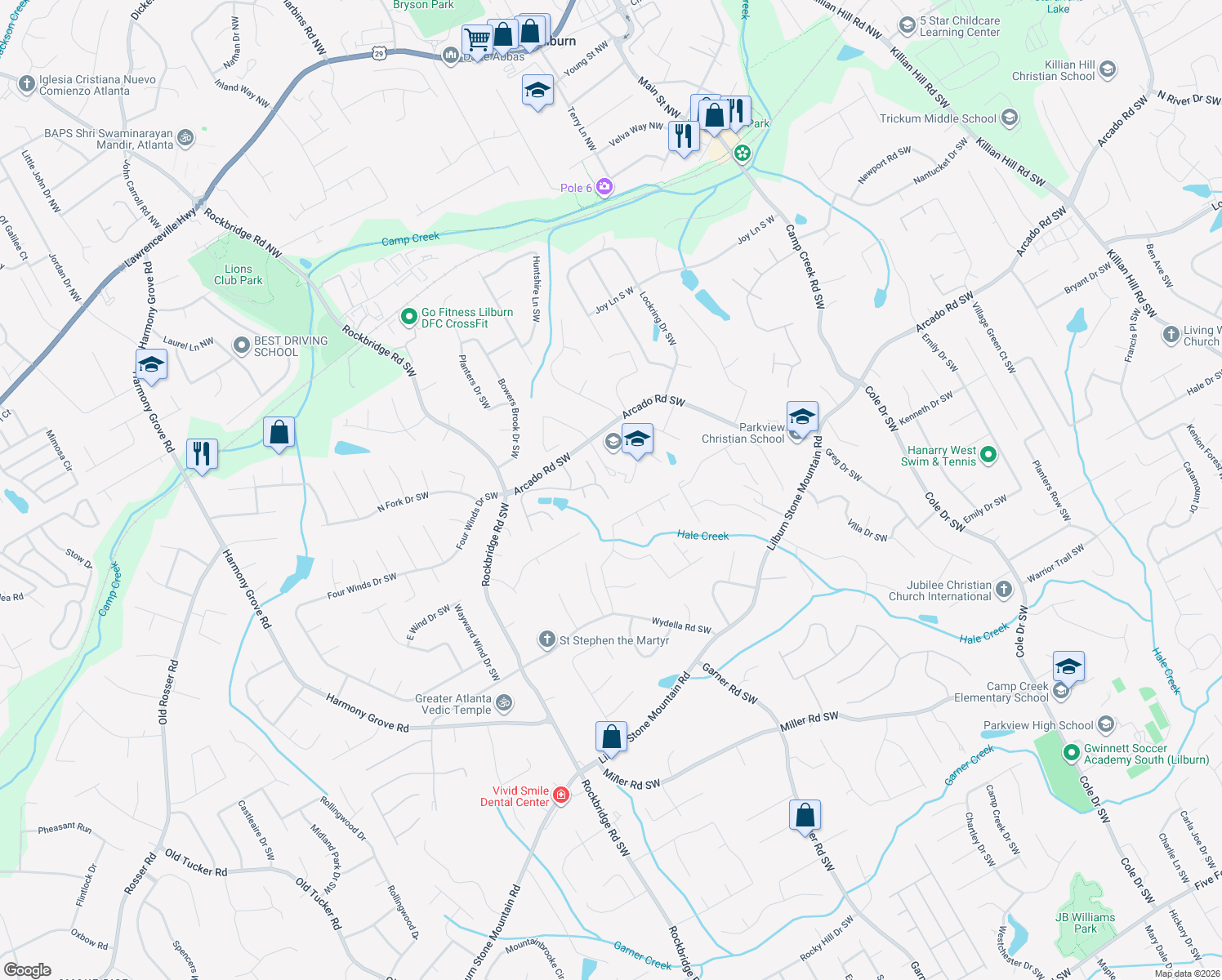 map of restaurants, bars, coffee shops, grocery stores, and more near 5125 Sunset Maple Trail in Lilburn