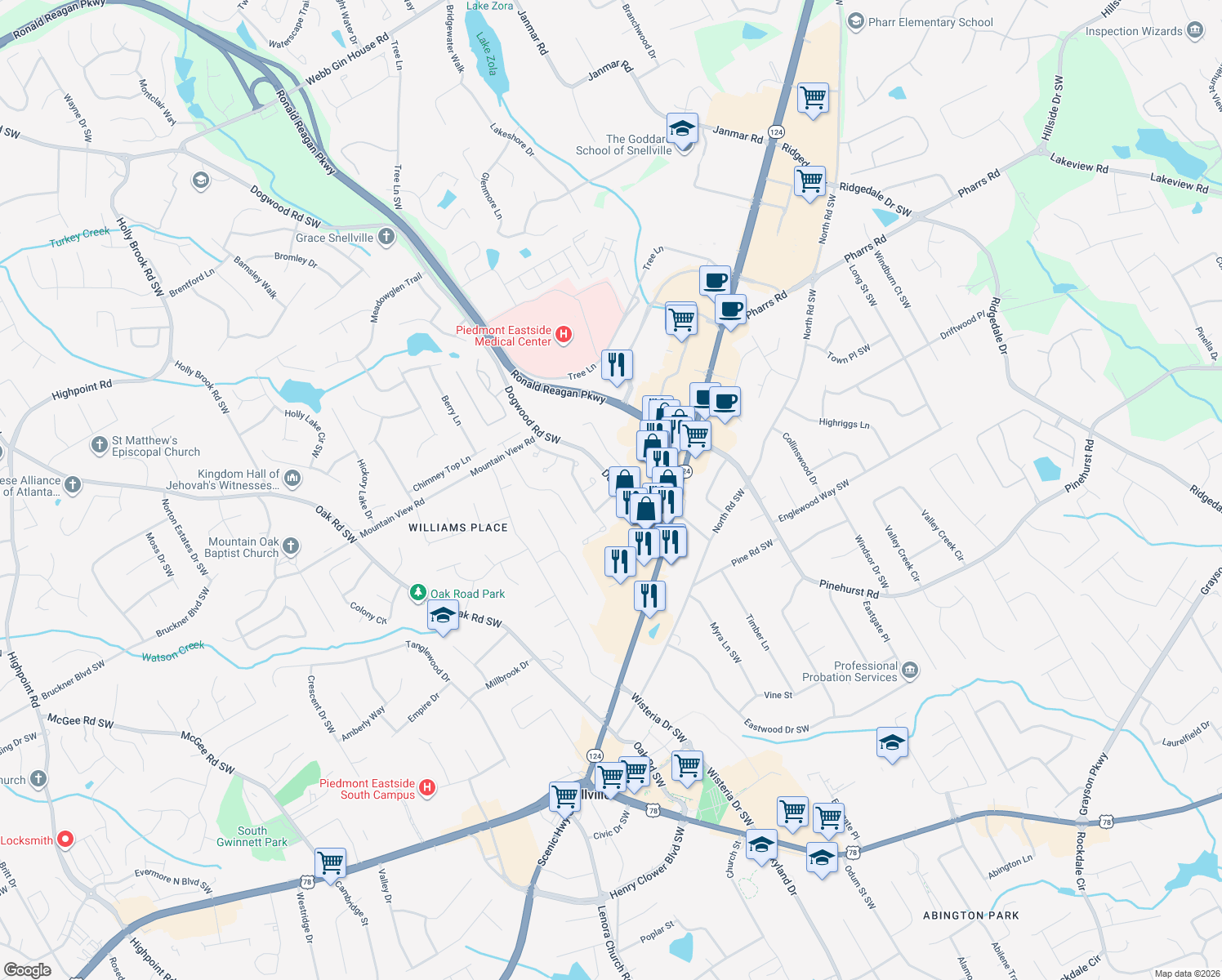 map of restaurants, bars, coffee shops, grocery stores, and more near 2127 Stockton Walk Way in Snellville