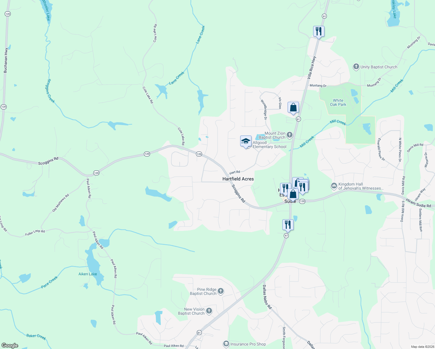 map of restaurants, bars, coffee shops, grocery stores, and more near 120 Paces Meadows Ln in Dallas