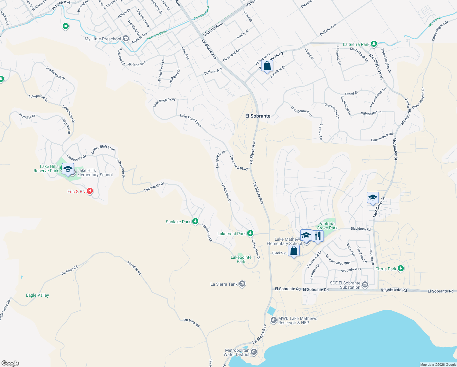 map of restaurants, bars, coffee shops, grocery stores, and more near 17750 Crown Creek Circle in Riverside